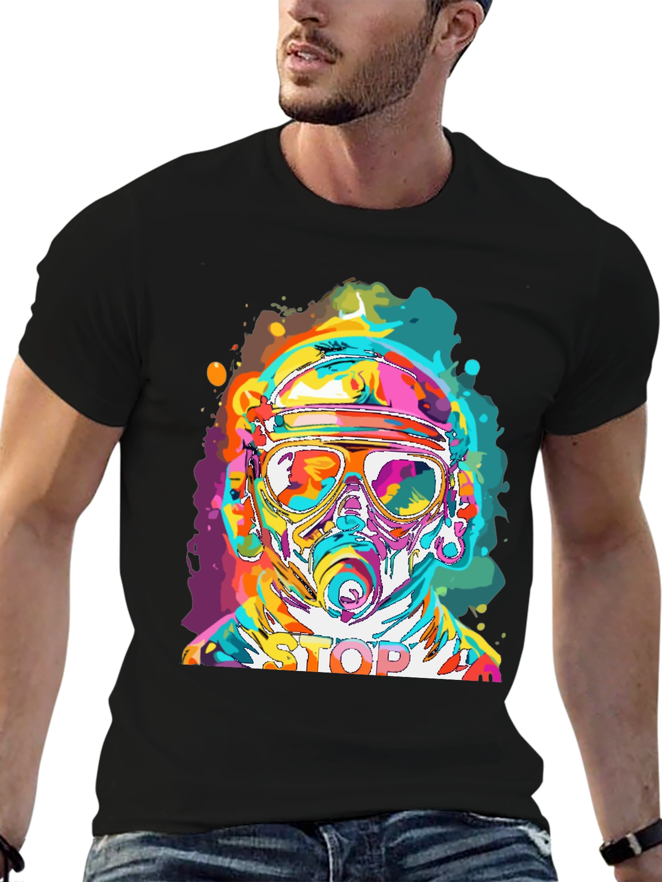 Vibrant Stop Graphic Tee - Mens Black Crew Neck
