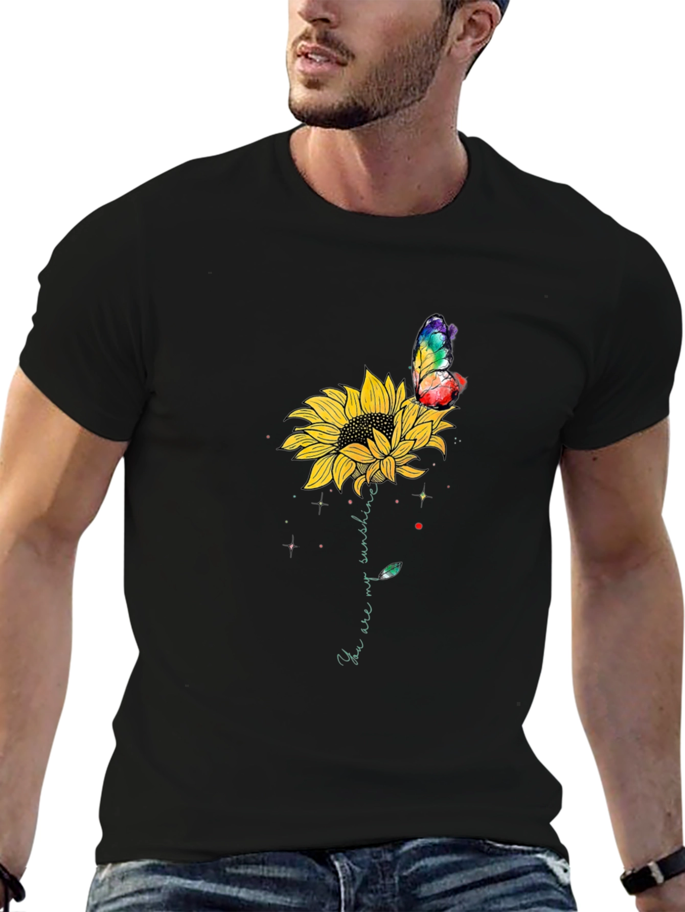 Sunflower Butterfly Graphic Tee - Mens Black T-Shirt