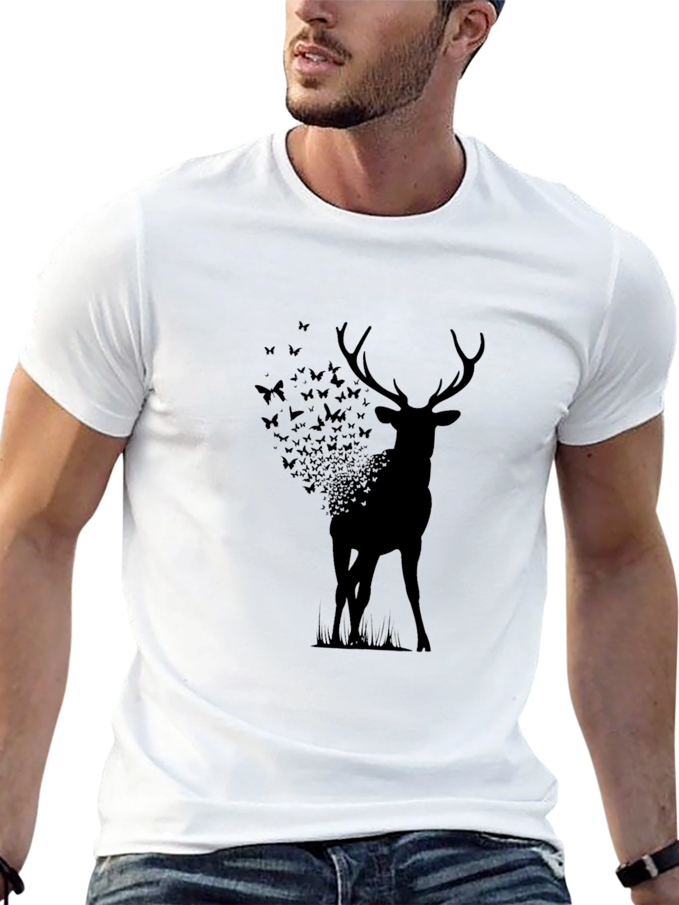 Deer Butterfly Silhouette Graphic Tee - Black