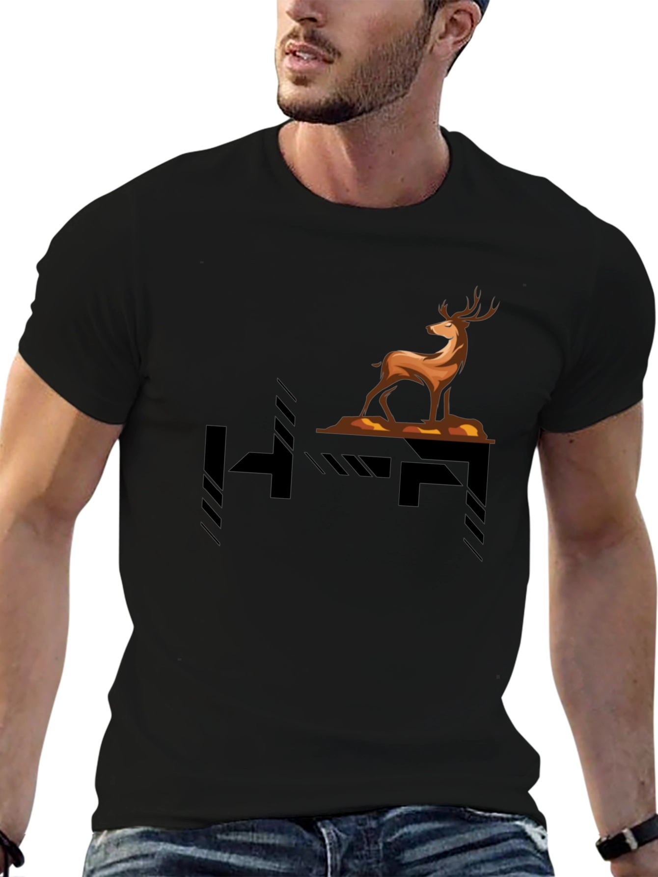 Stylish Deer Graphic Black T-Shirt