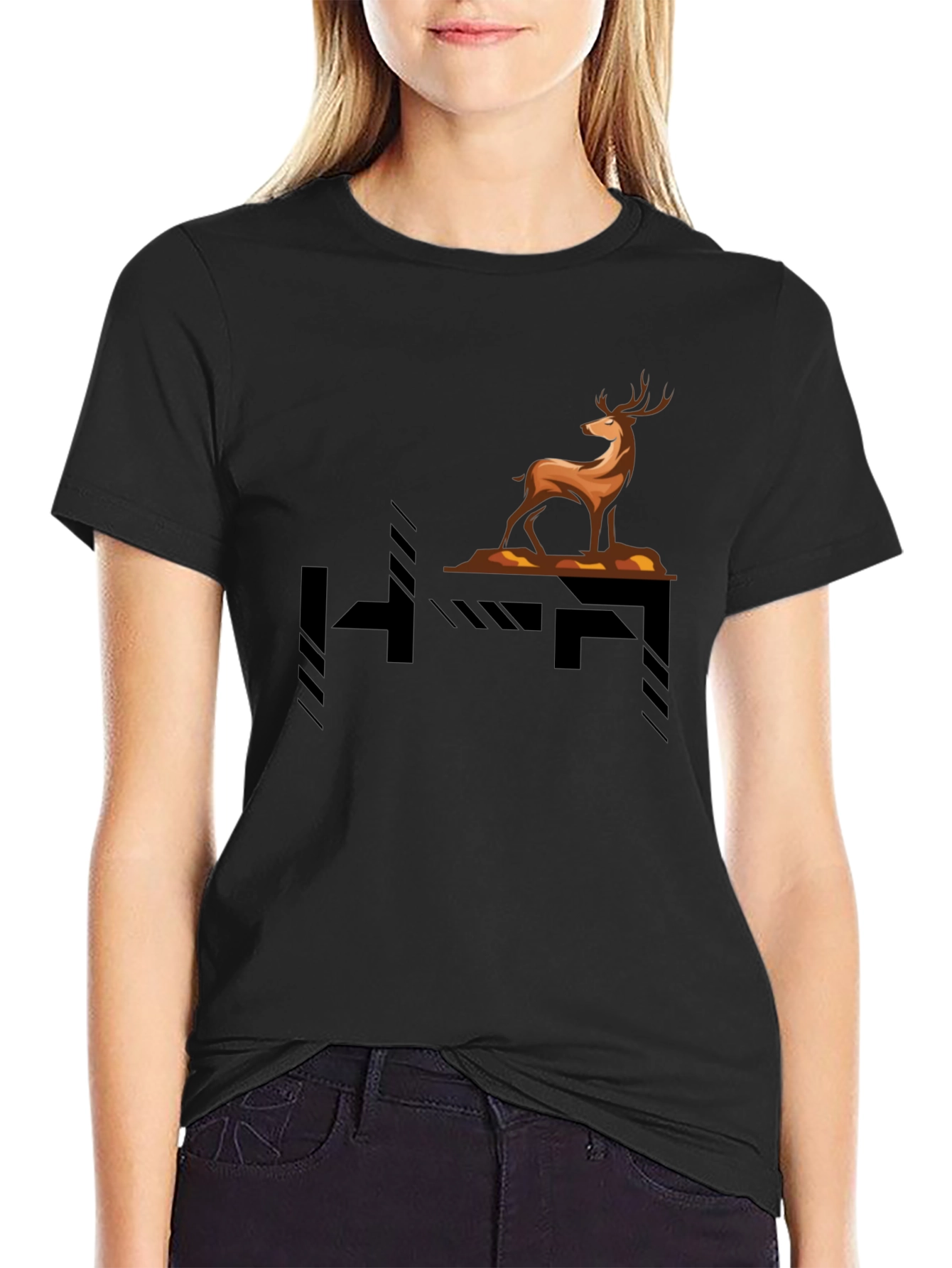 Stylish Deer Graphic Black T-Shirt