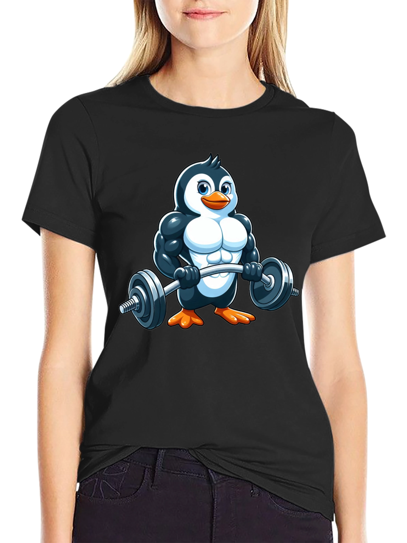 Penguin Lifting Barbell T-Shirt - Gym Humor!