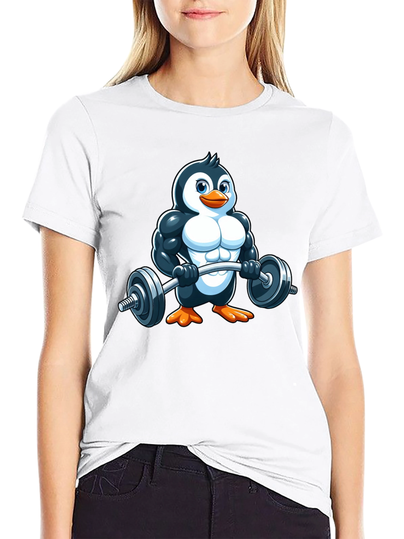 Penguin Lifting Barbell T-Shirt - Gym Humor!