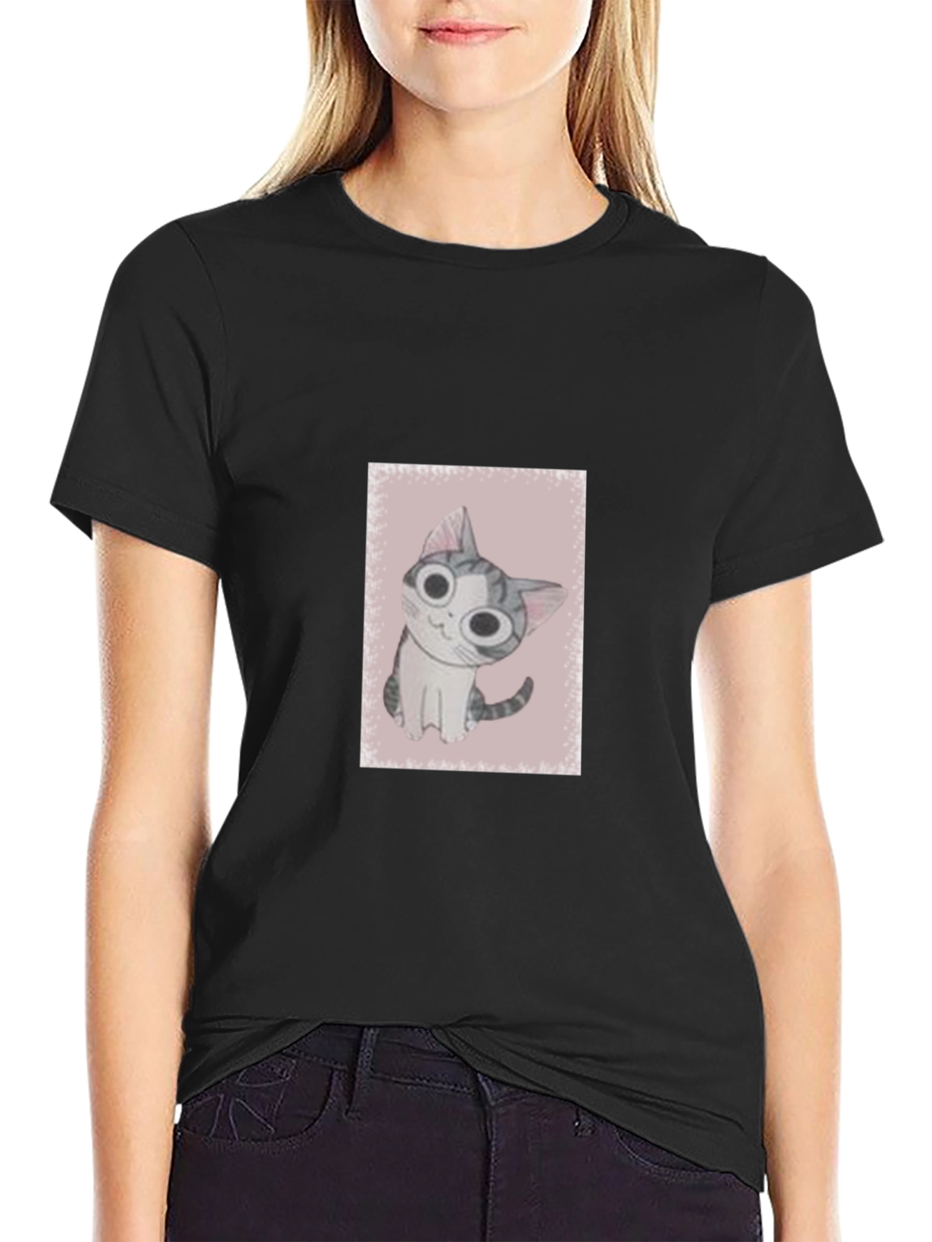 Cute Cat Graphic Black T-Shirt