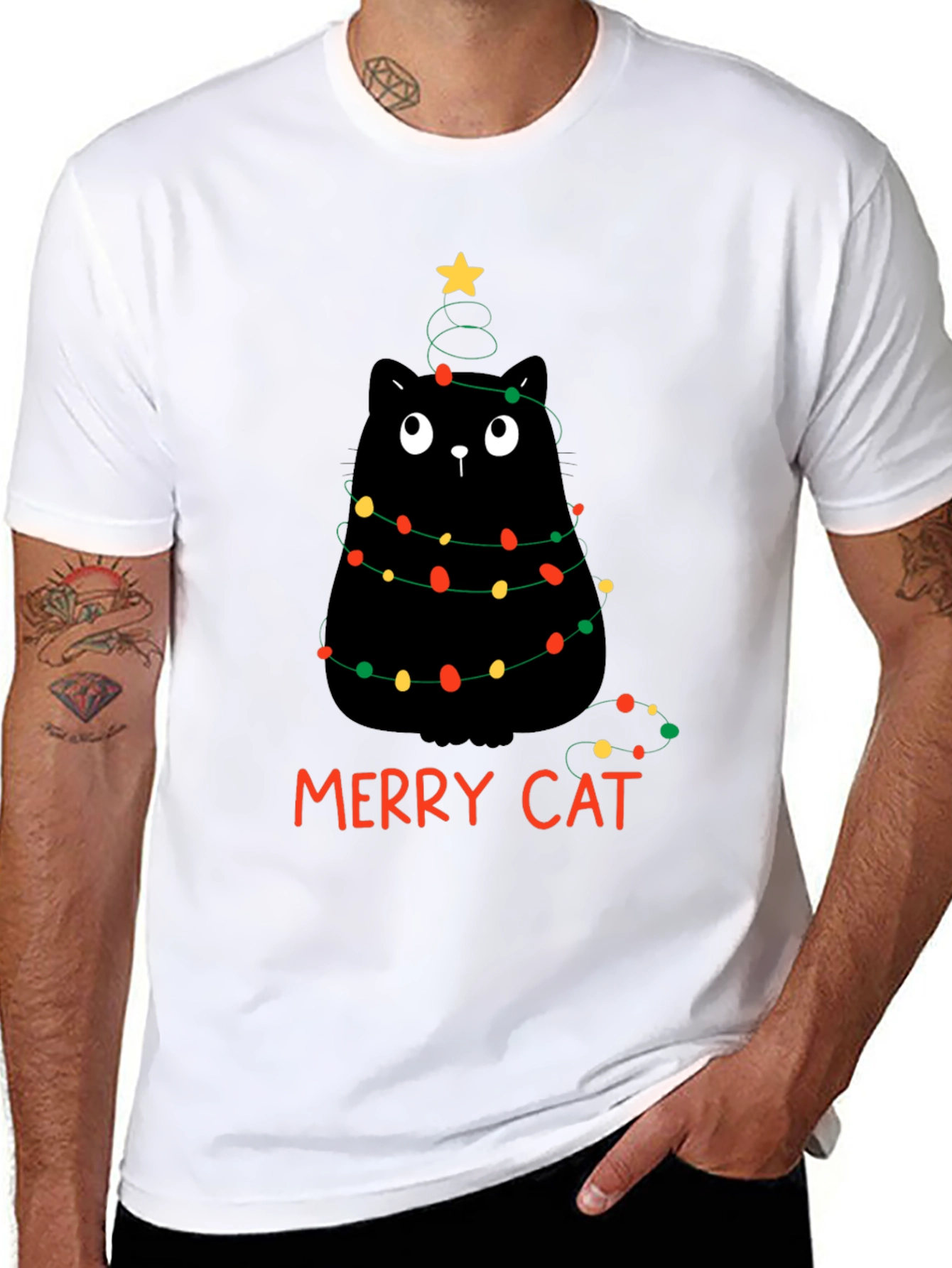 Merry Cat Christmas T-Shirt - Black