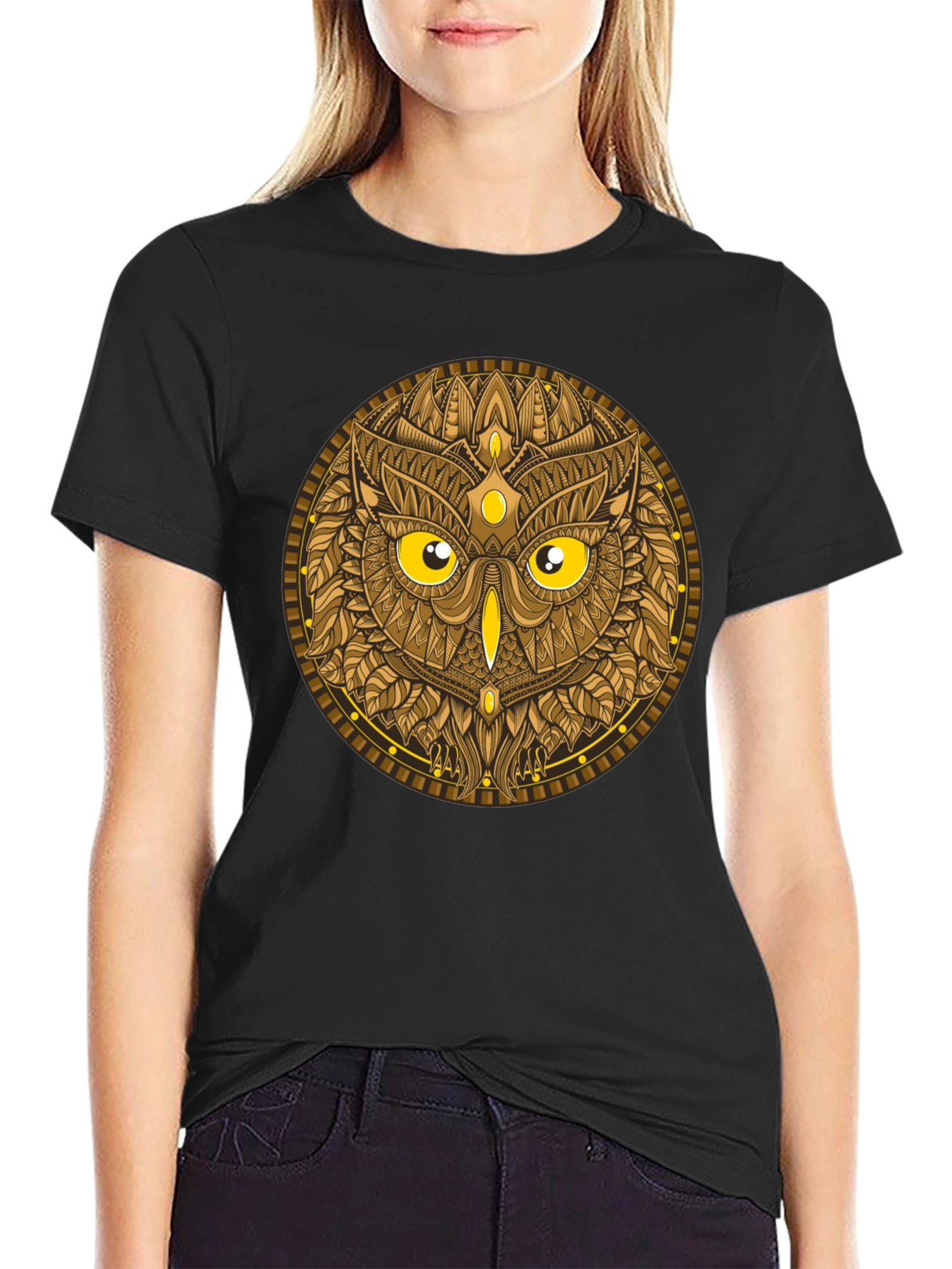 Owl Mandala Graphic Print Black T-Shirt