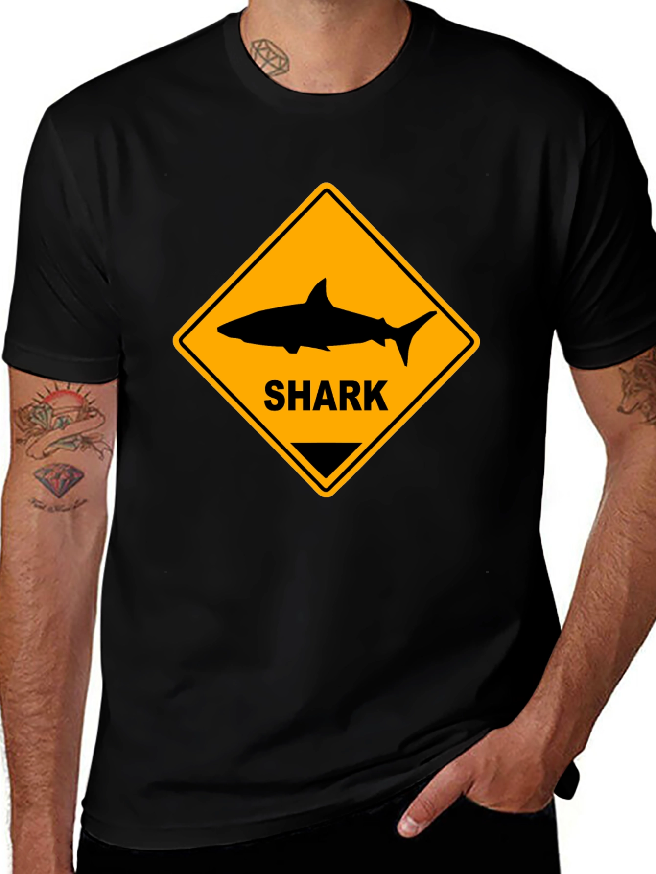 Shark Warning Sign Black T-Shirt