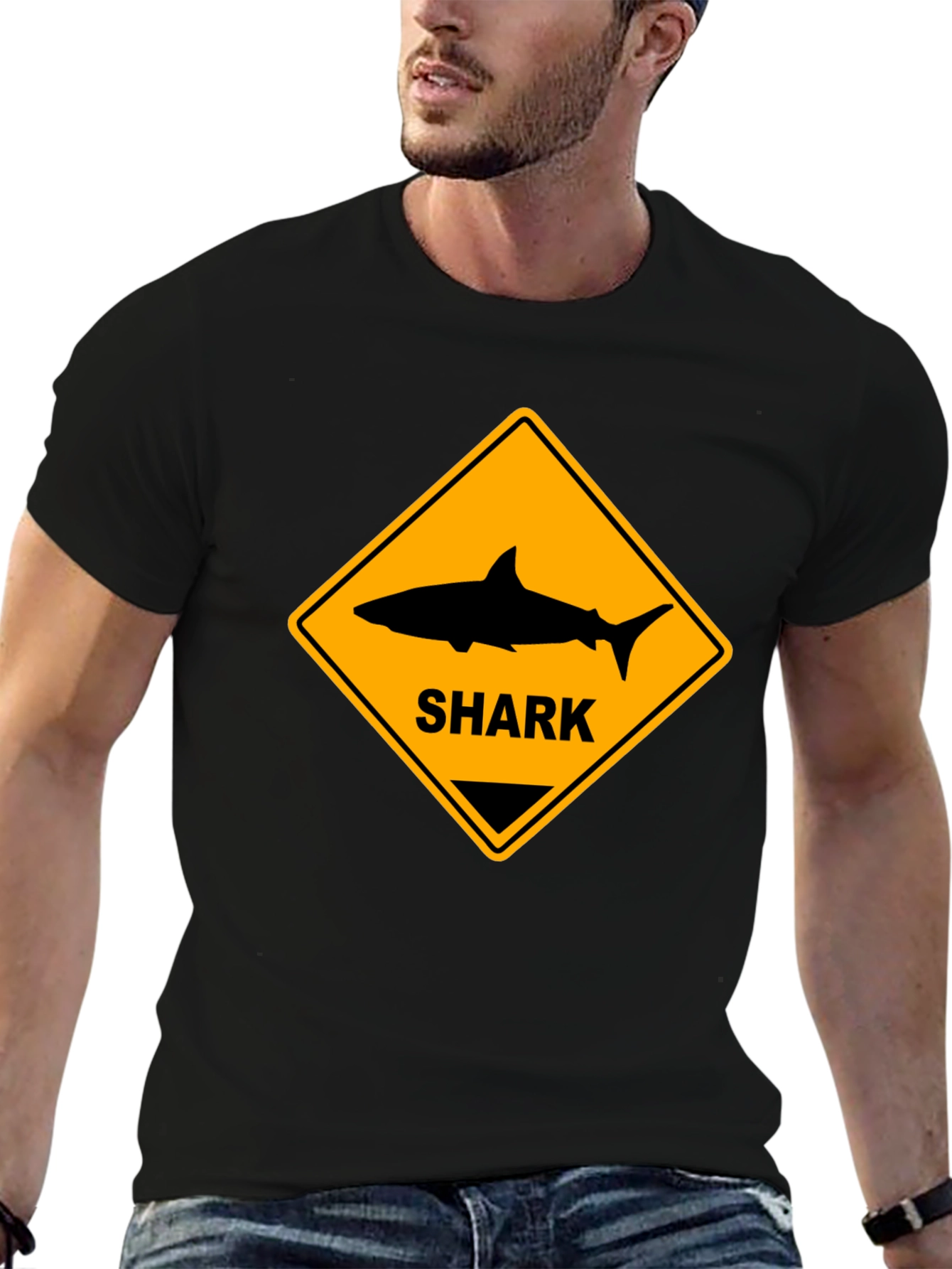 Shark Warning Sign Black T-Shirt