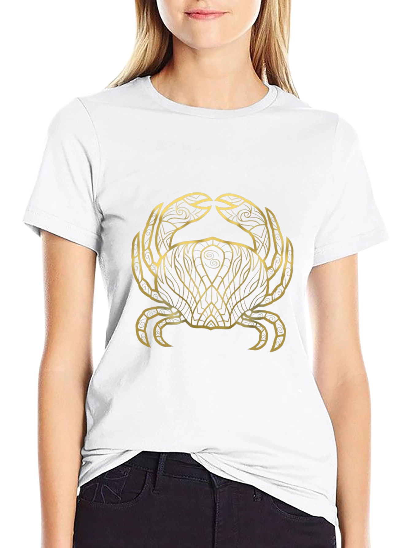 Black T-Shirt with Gold Crab Zodiac Graphic