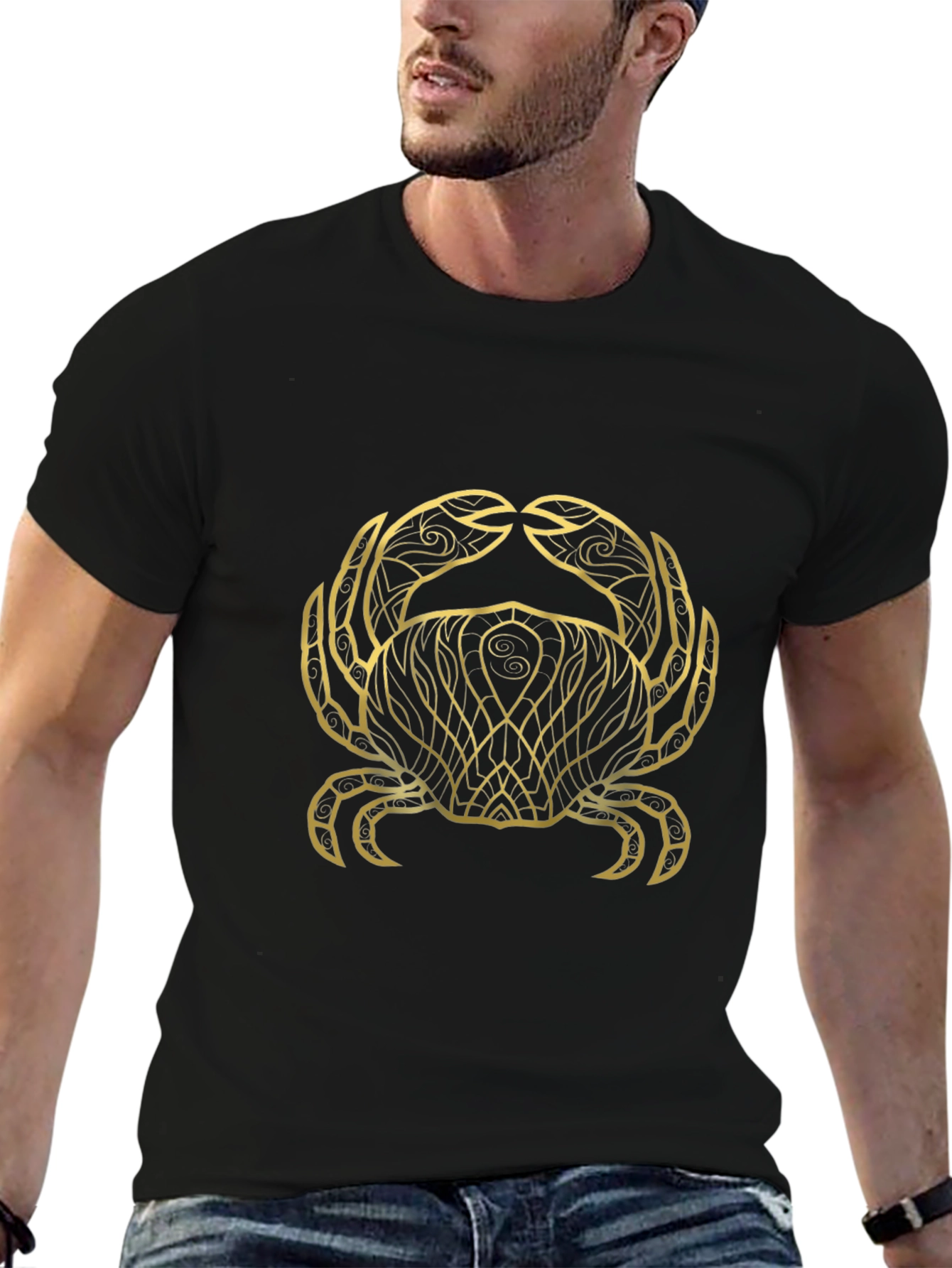 Black T-Shirt with Gold Crab Zodiac Graphic