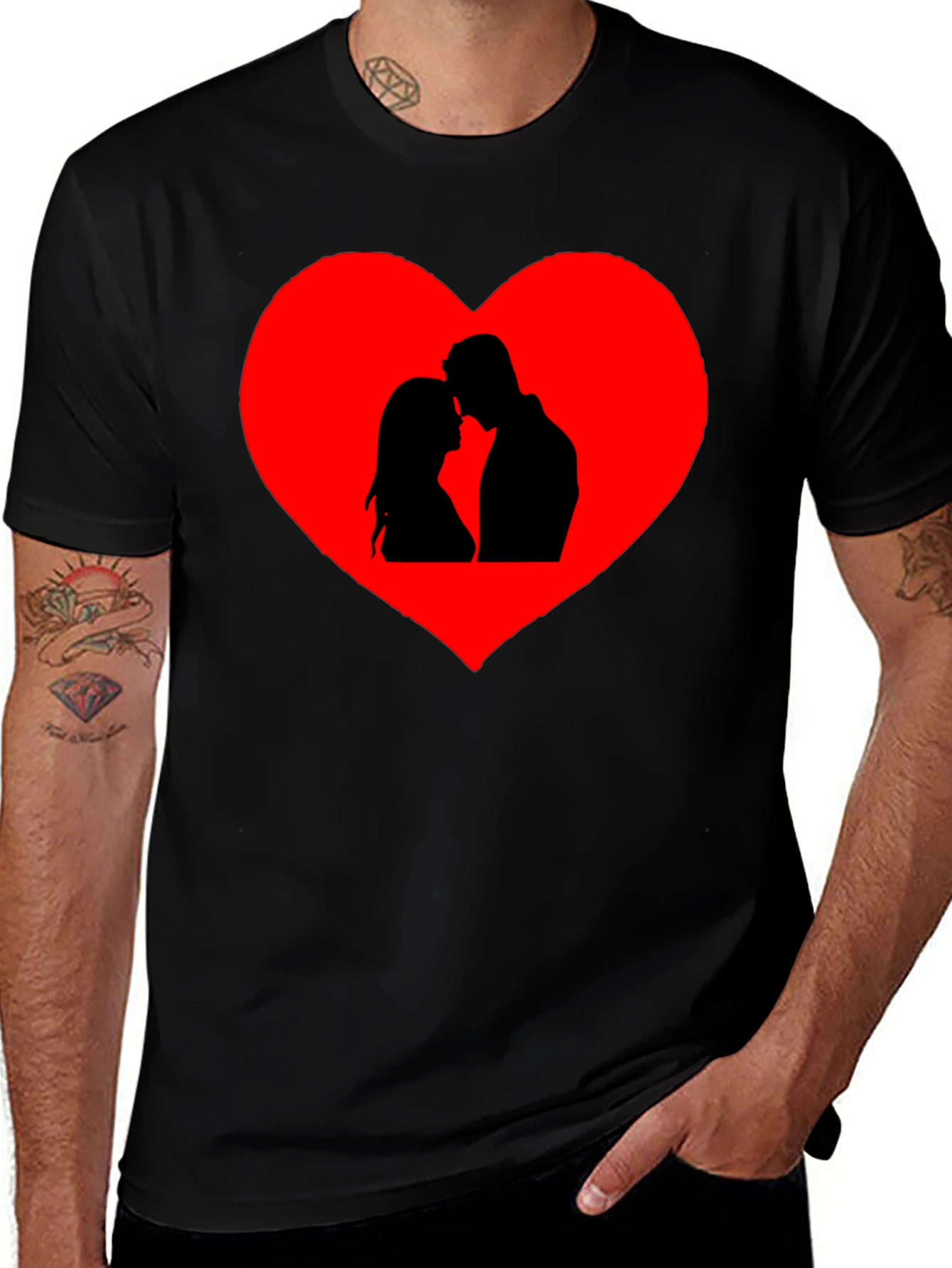 Romantic Couple Heart Graphic Tee - Black Cotton Blend