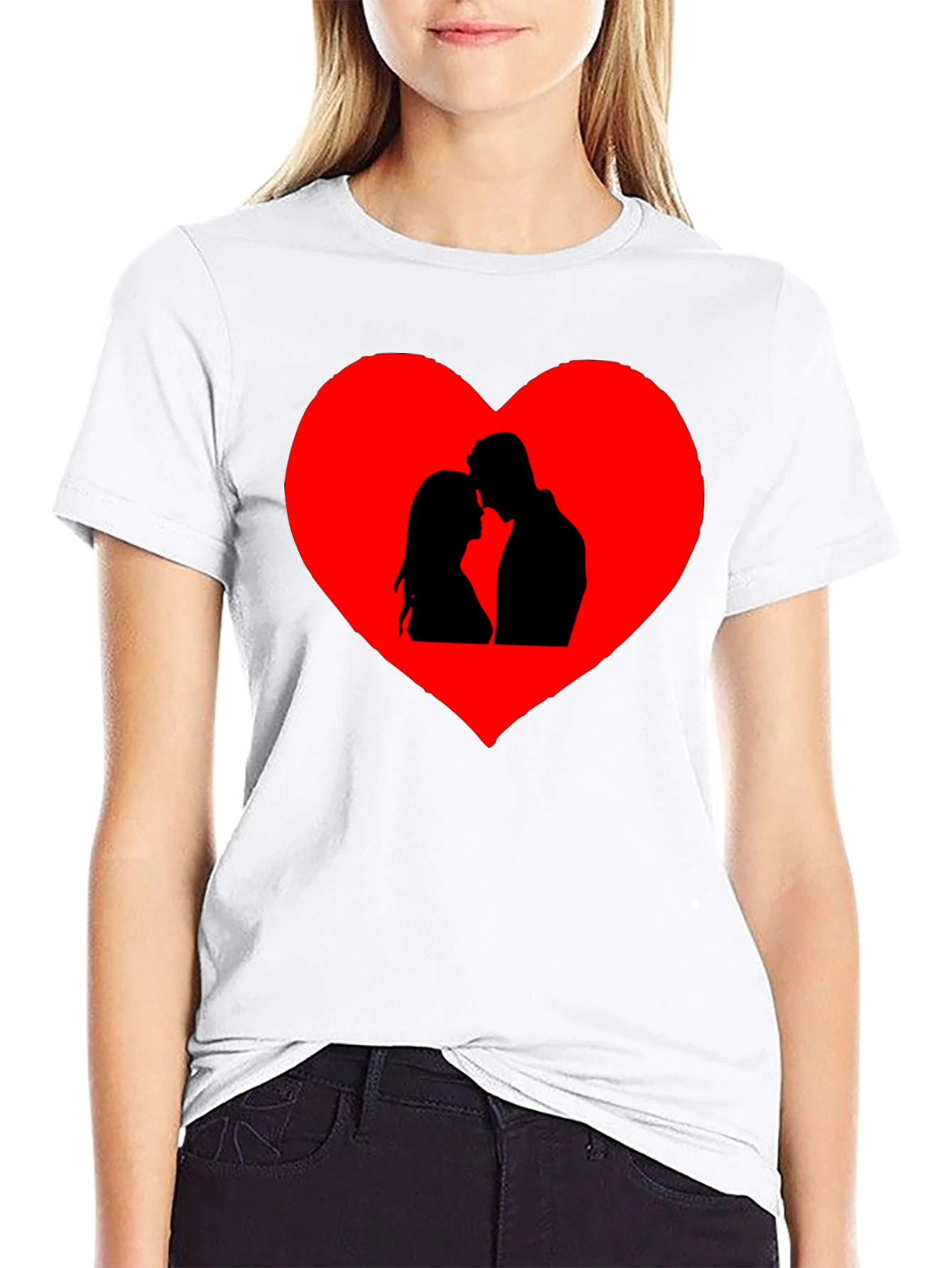 Romantic Couple Heart Graphic Tee - Black Cotton Blend