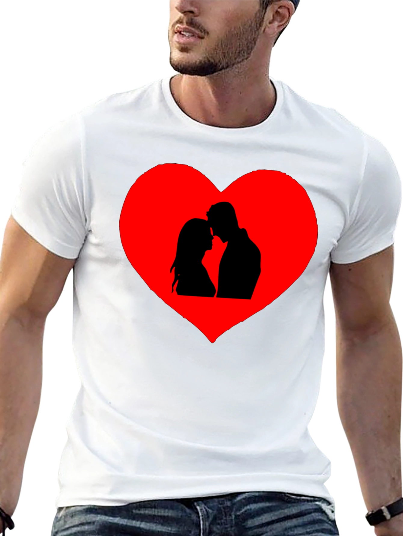 Romantic Couple Heart Graphic Tee - Black Cotton Blend