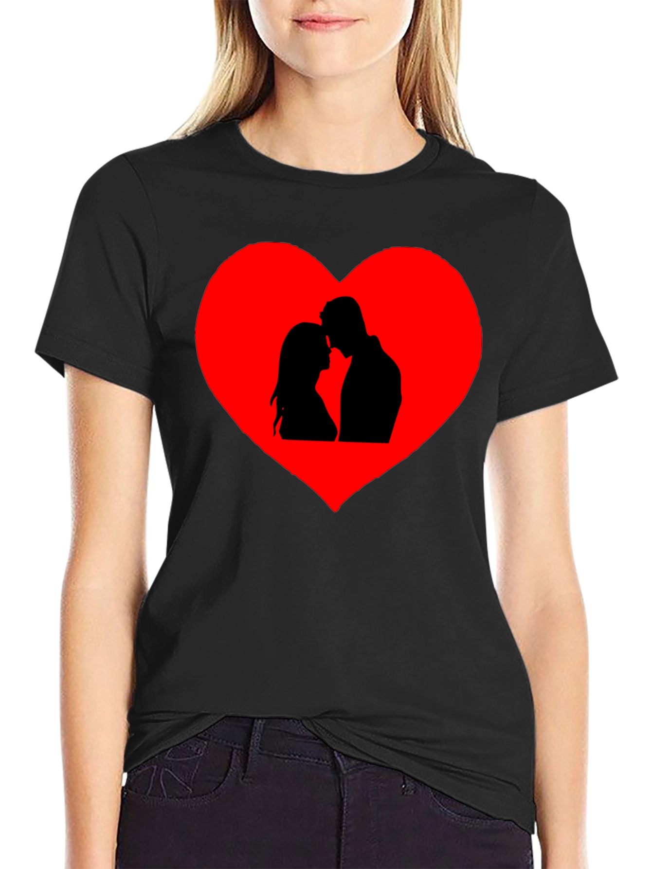 Romantic Couple Heart Graphic Tee - Black Cotton Blend