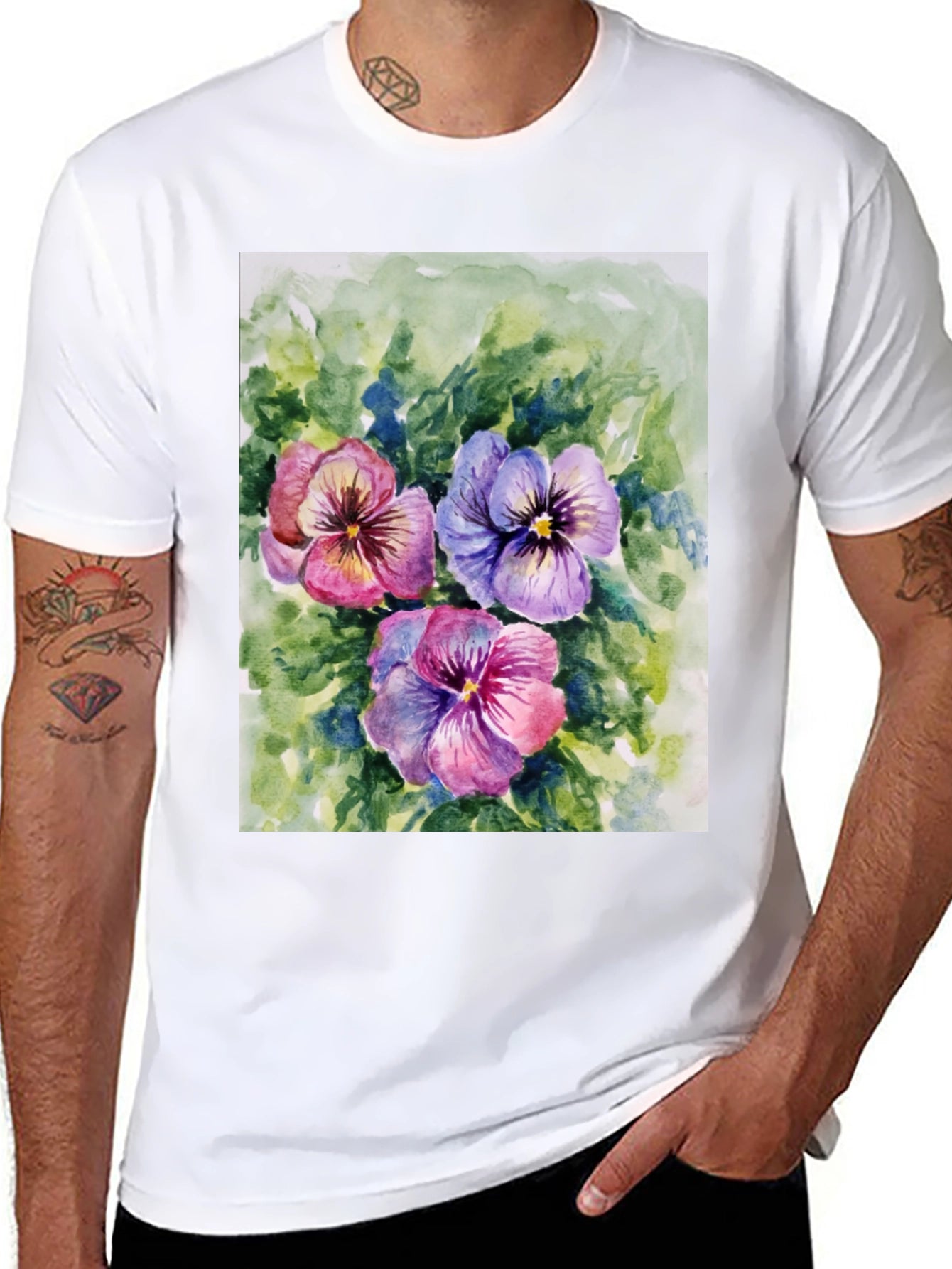 Floral Pansy Print Black T-Shirt