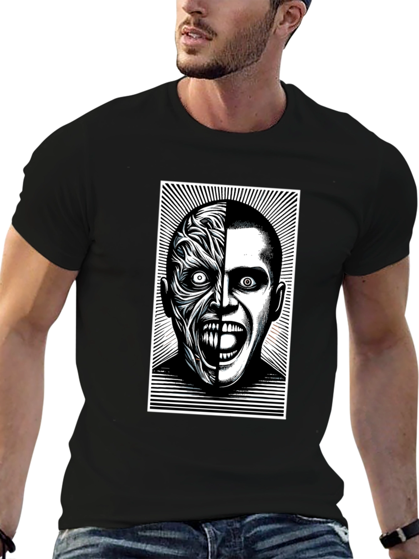 Two-Faced Graphic Tee - Black Cotton Blend