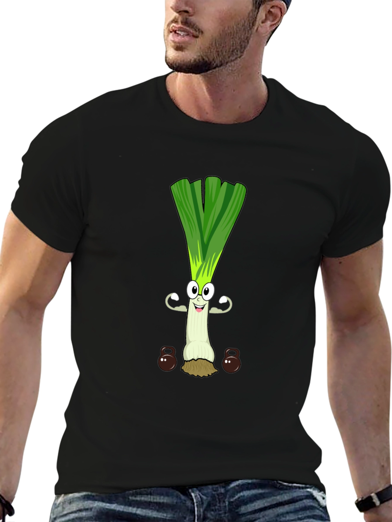 Funny Leek Lifting Weights Cartoon Graphic Tee