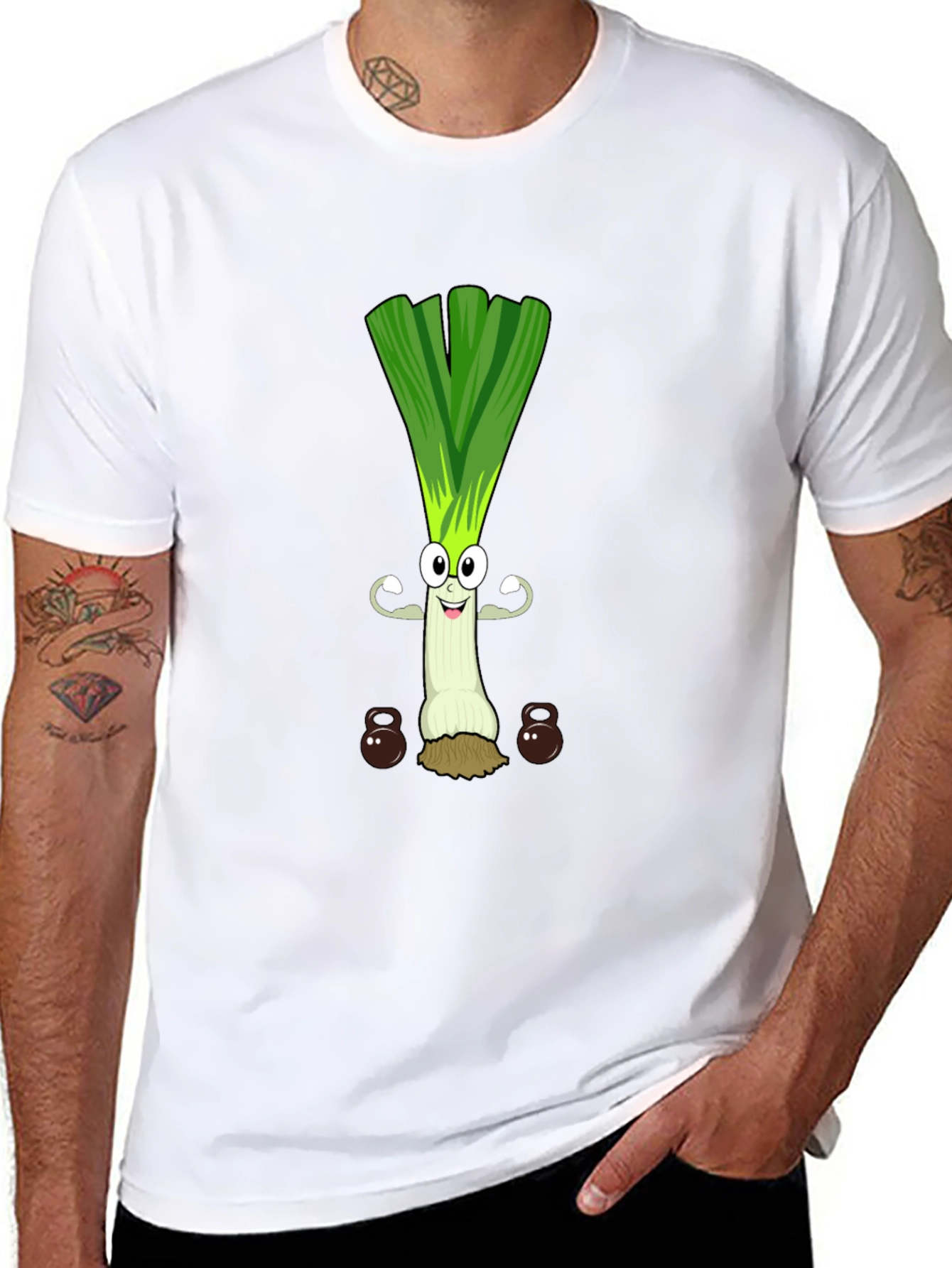 Funny Leek Lifting Weights Cartoon Graphic Tee