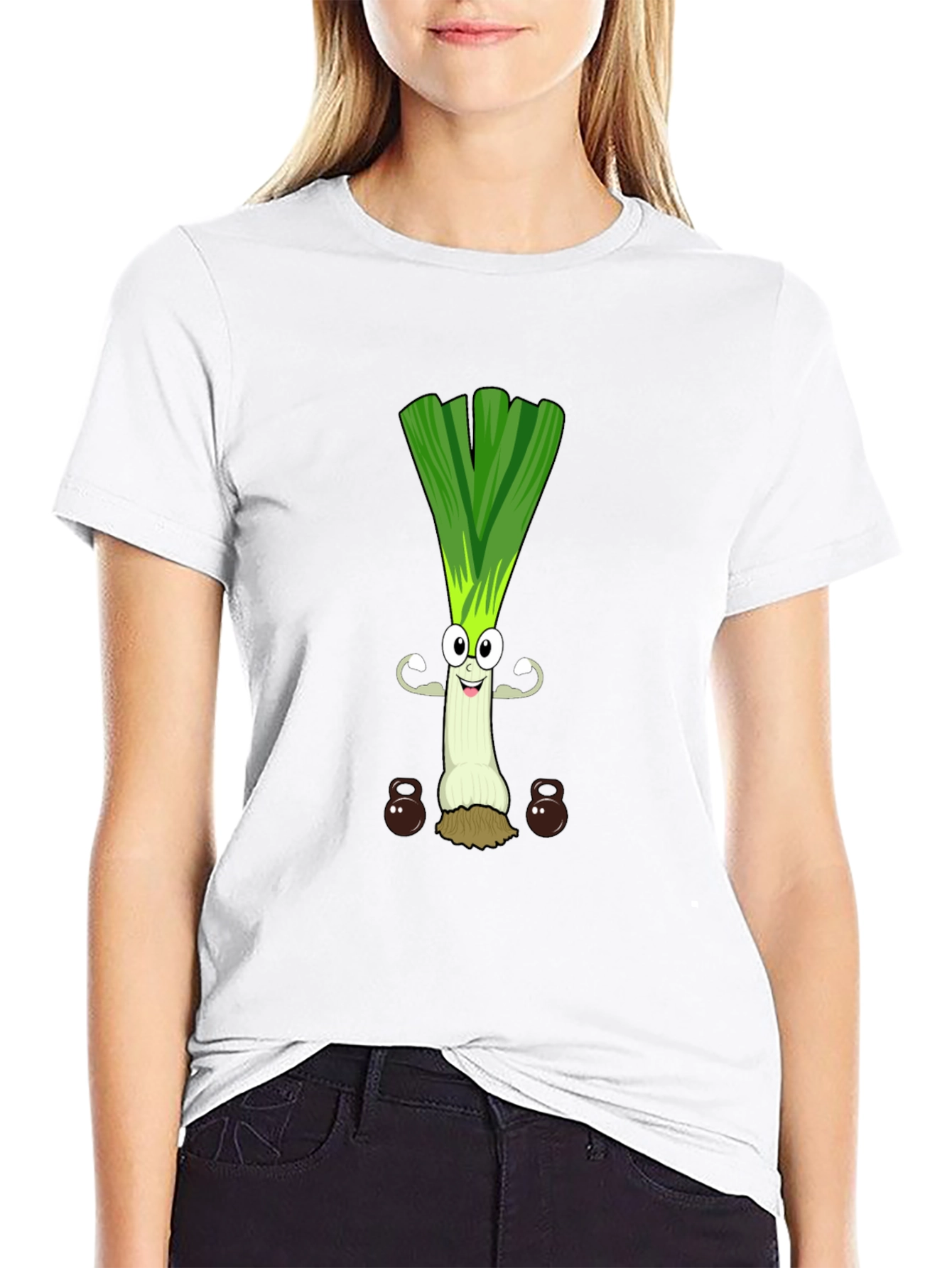 Funny Leek Lifting Weights Cartoon Graphic Tee