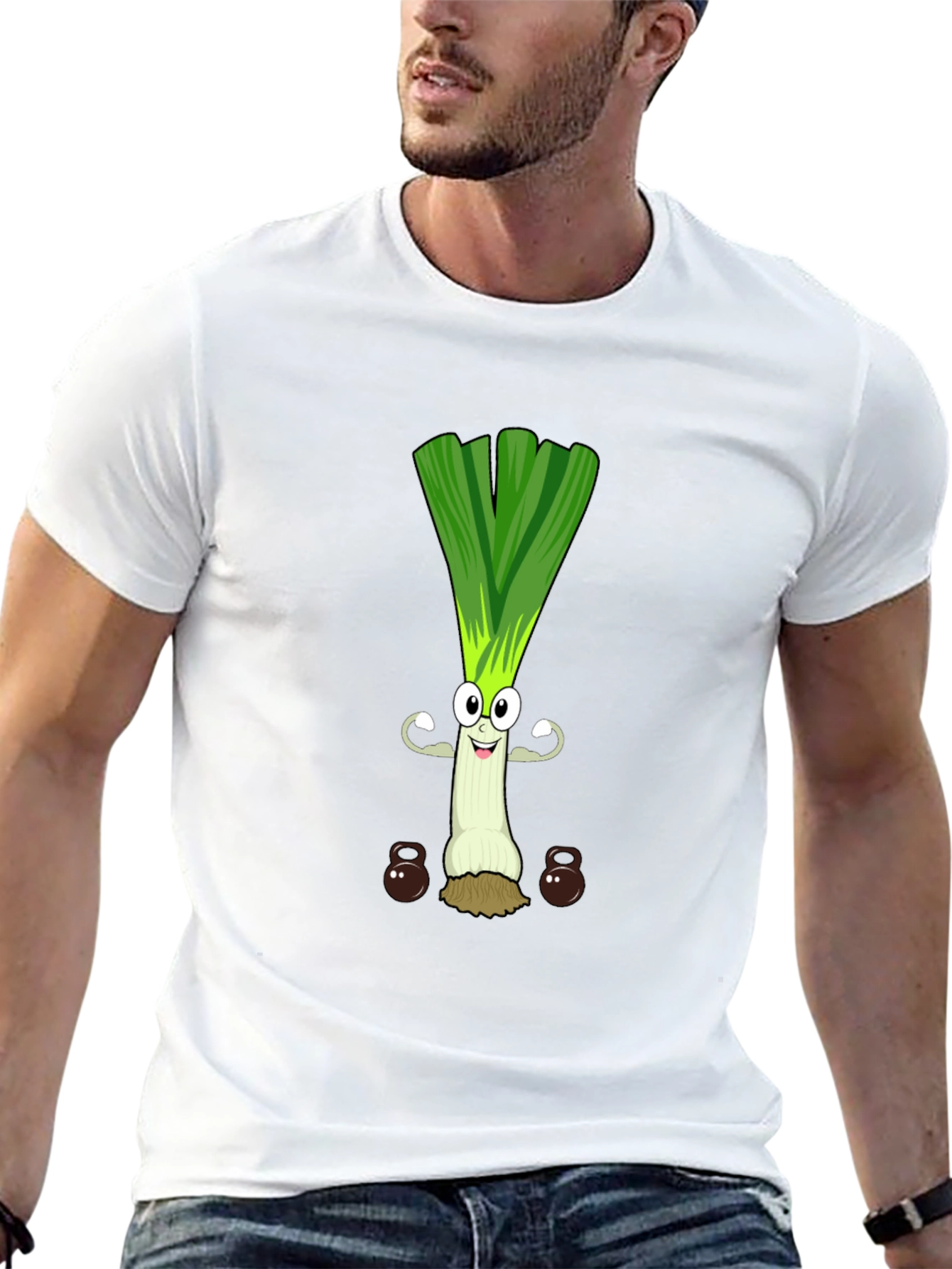 Funny Leek Lifting Weights Cartoon Graphic Tee