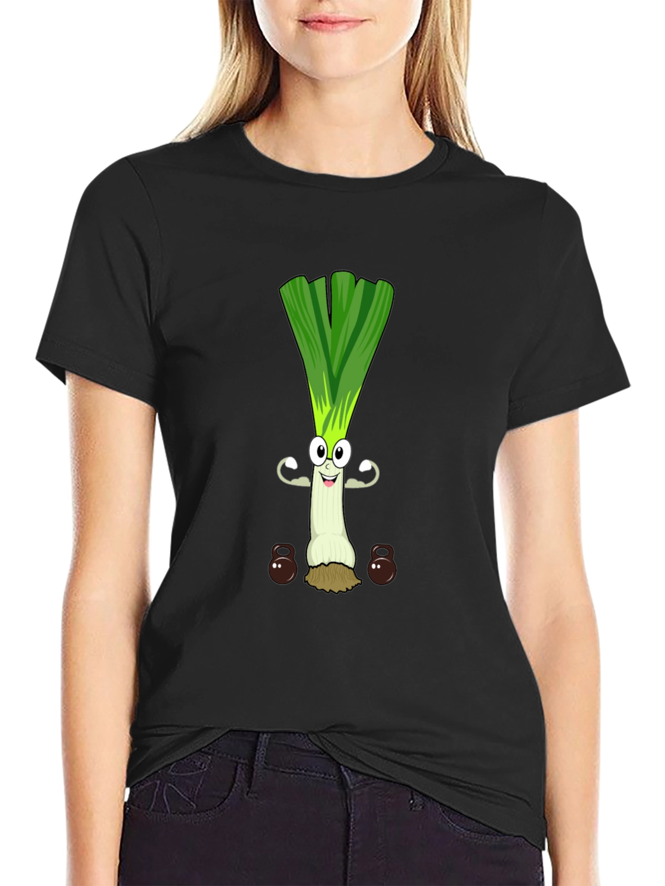 Funny Leek Lifting Weights Cartoon Graphic Tee