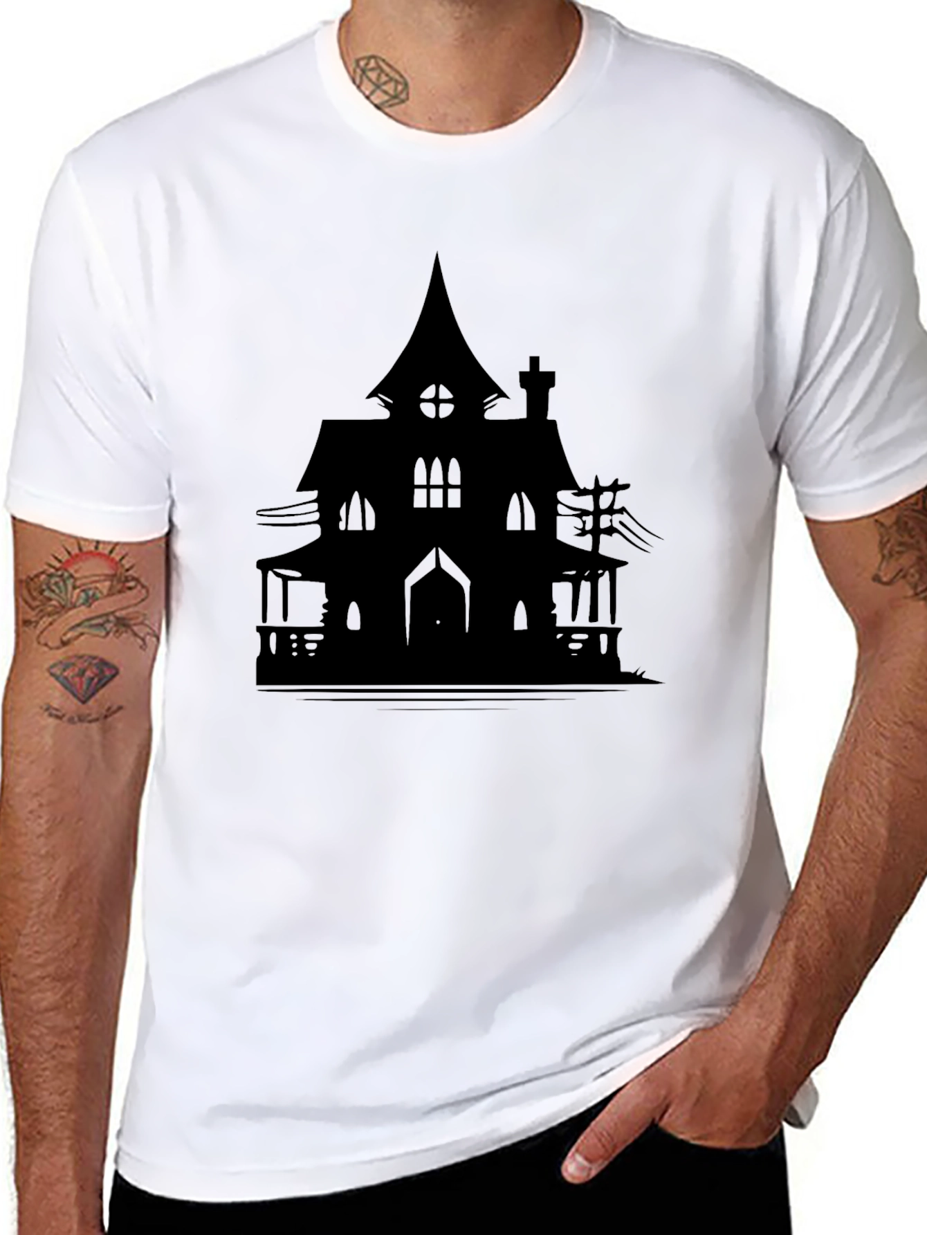 Haunted House Silhouette Graphic Tee - Halloween Spooky Shirt