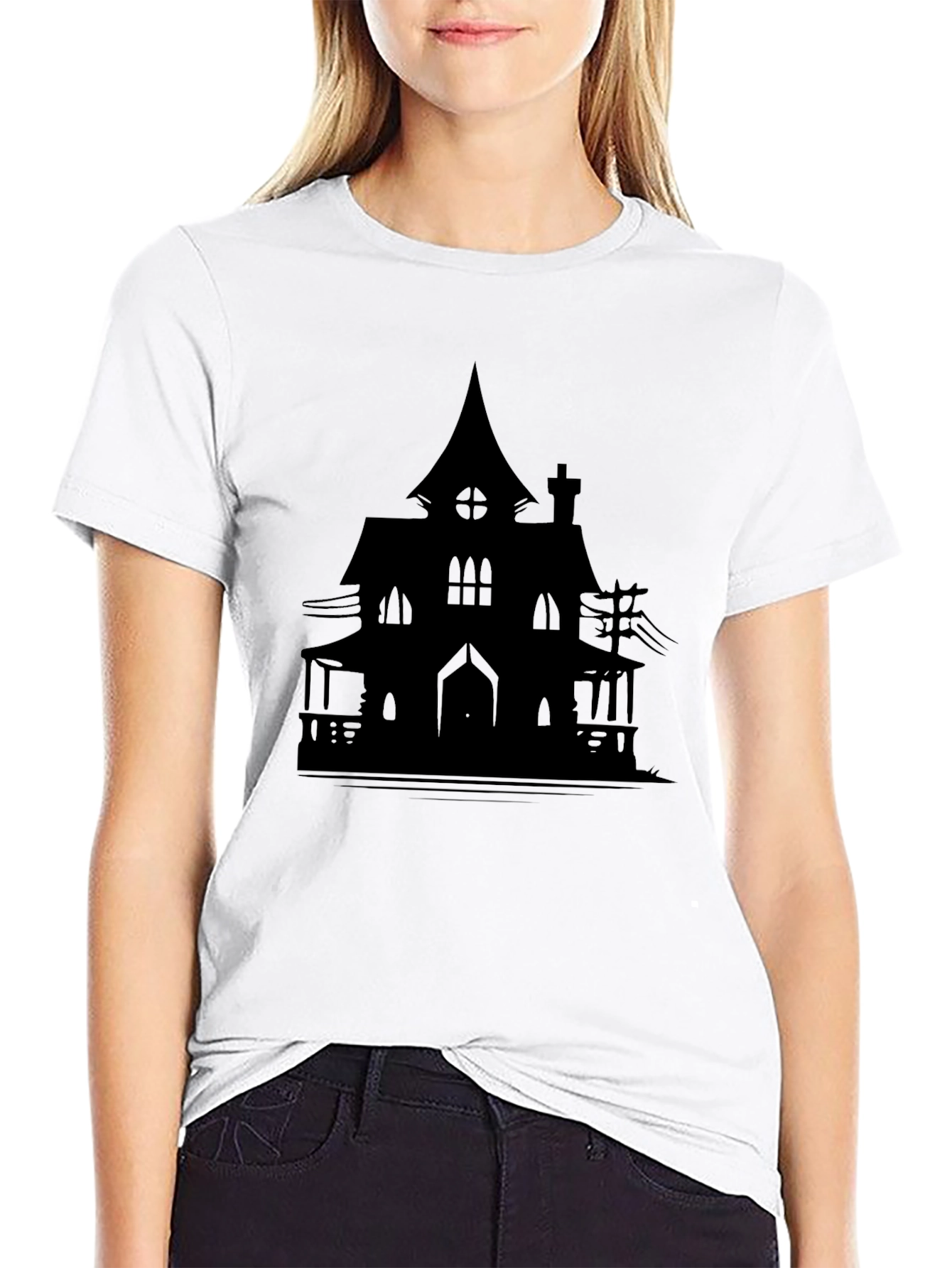 Haunted House Silhouette Graphic Tee - Halloween Spooky Shirt