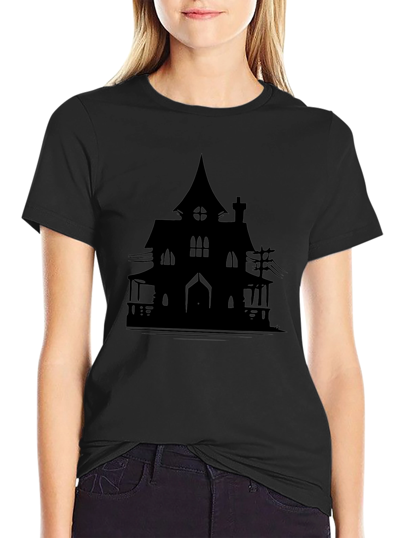 Haunted House Silhouette Graphic Tee - Halloween Spooky Shirt