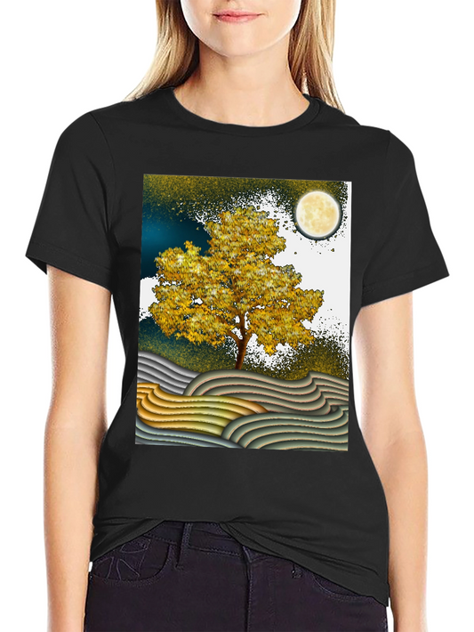 Artistic Landscape T-Shirt: Tree Moon and Waves