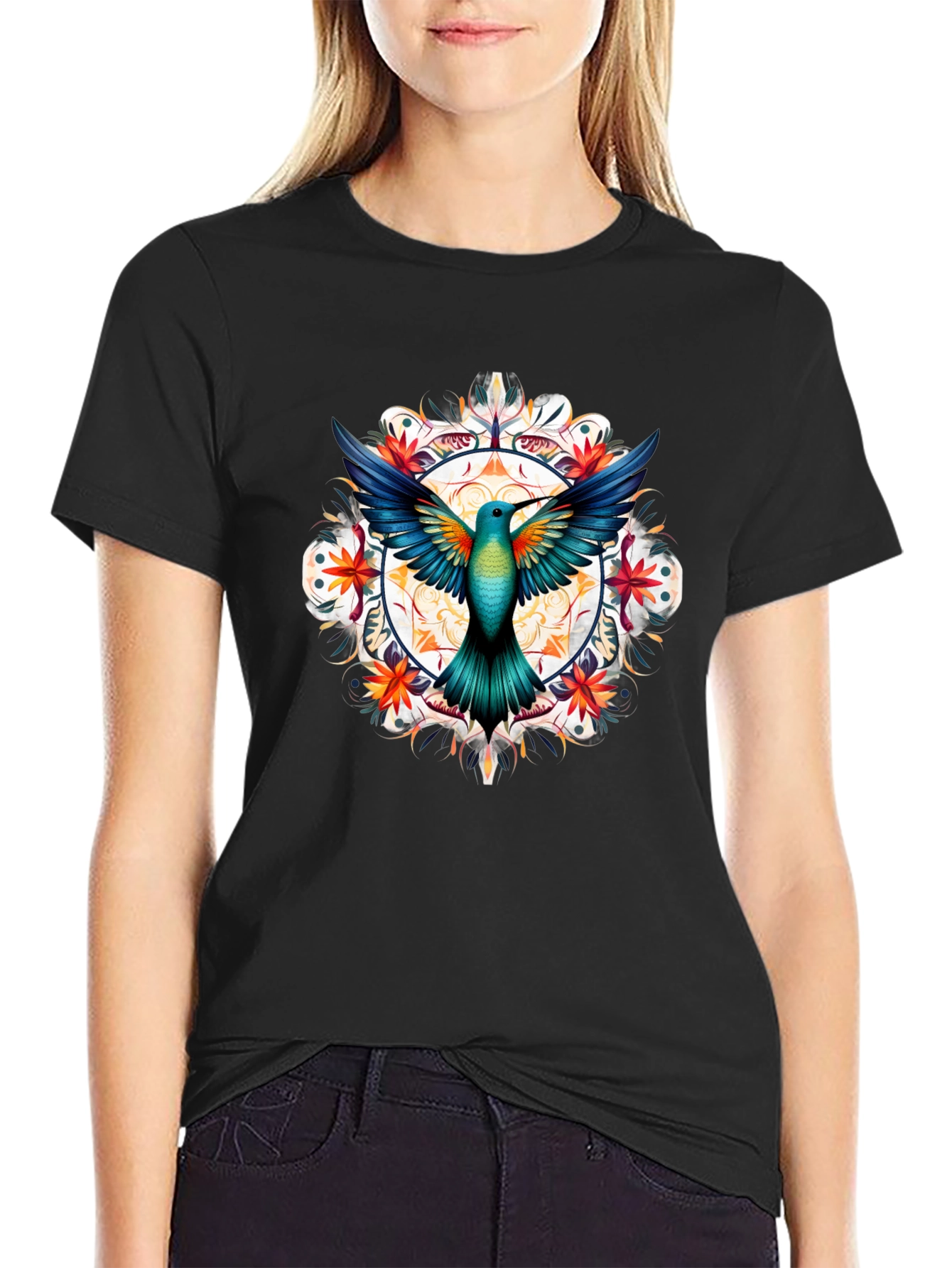 Hummingbird Mandala Graphic T-Shirt - Black