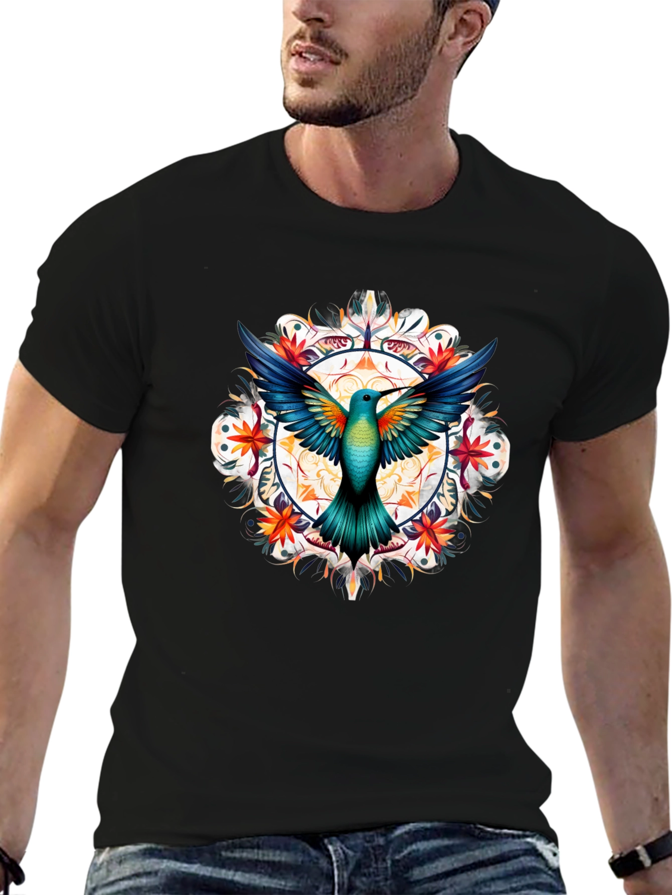 Hummingbird Mandala Graphic T-Shirt - Black