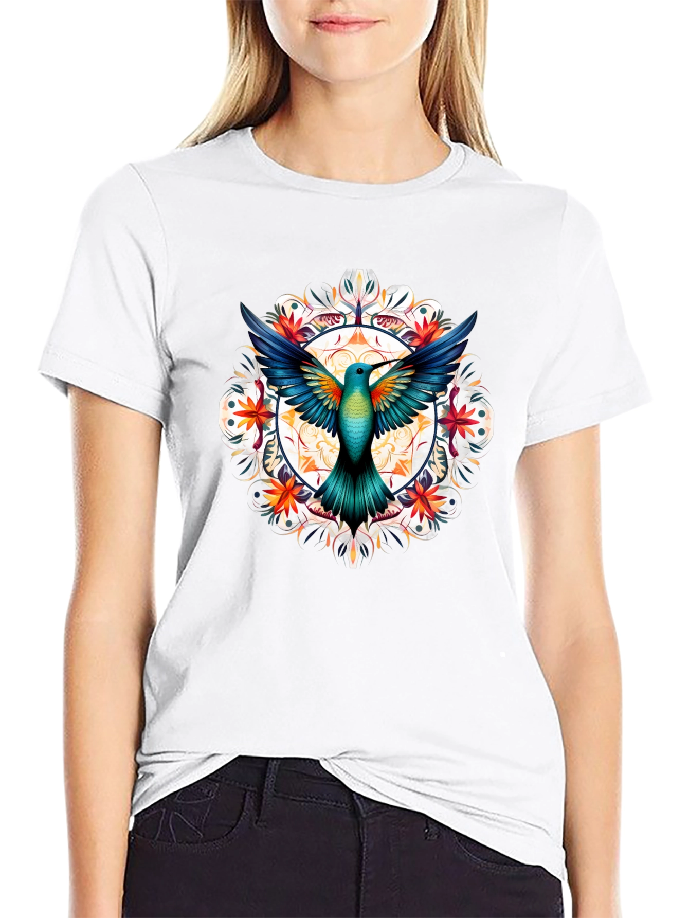 Hummingbird Mandala Graphic T-Shirt - Black