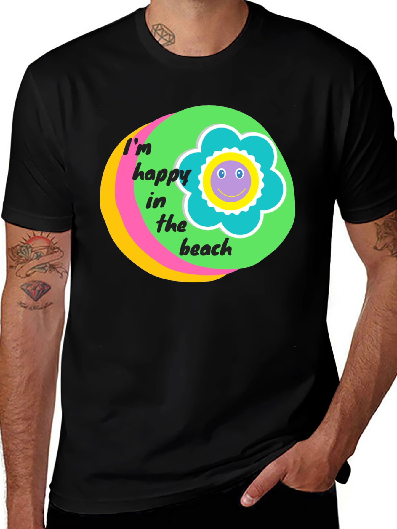 Happy Beach Graphic Tee - Black Cotton T-Shirt