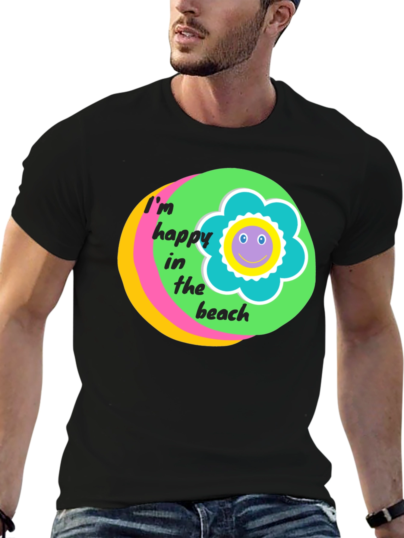Happy Beach Graphic Tee - Black Cotton T-Shirt