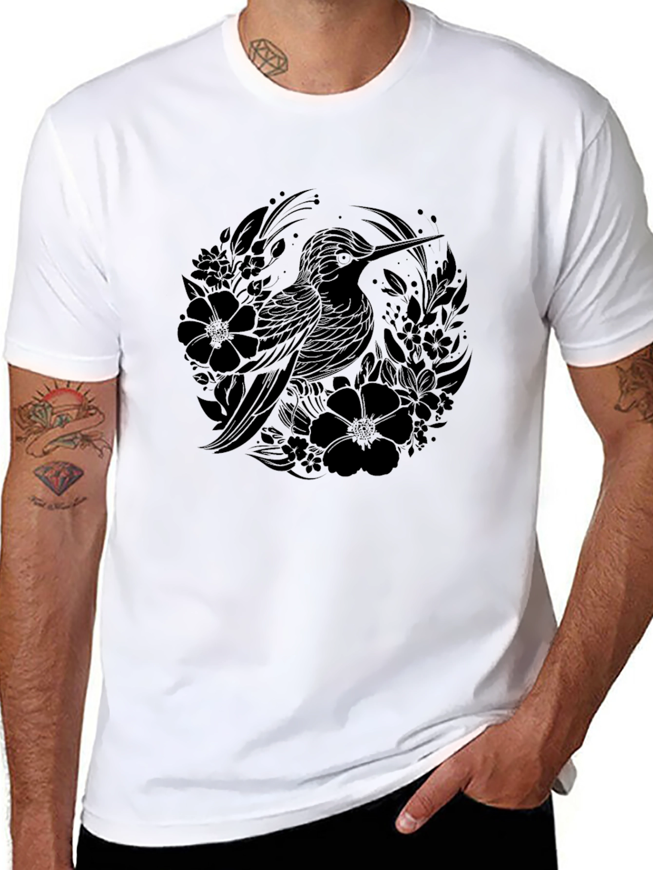 Hummingbird Floral Graphic T-Shirt - Black