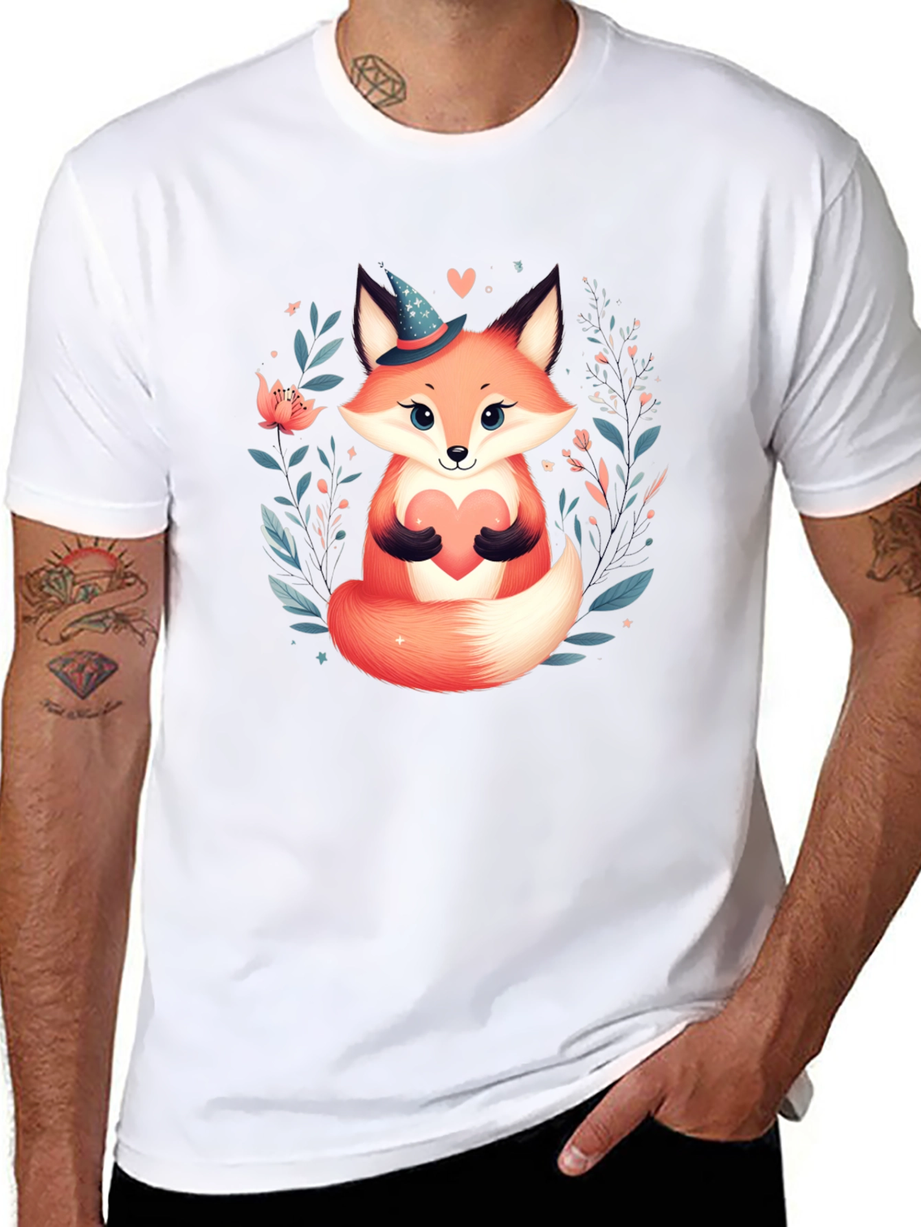 Cute Fox Heart Graphic Tee - Black