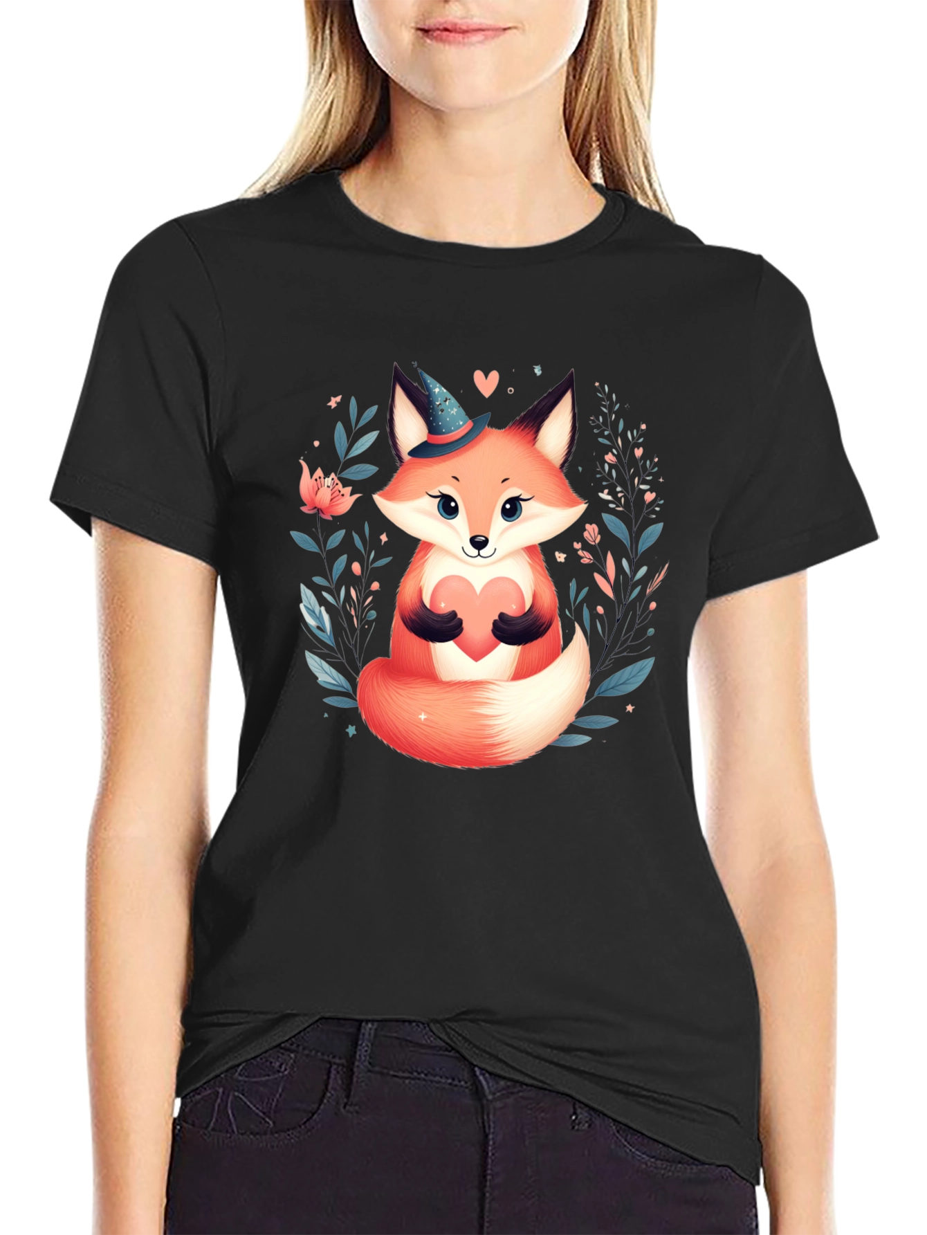 Cute Fox Heart Graphic Tee - Black