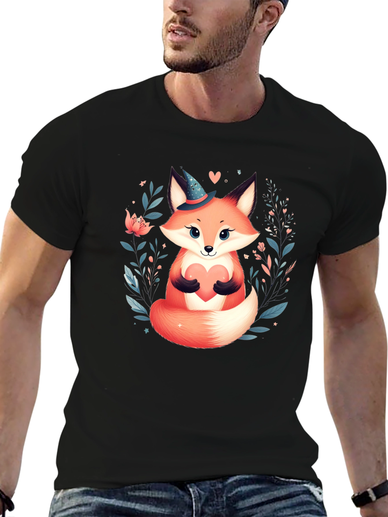 Cute Fox Heart Graphic Tee - Black