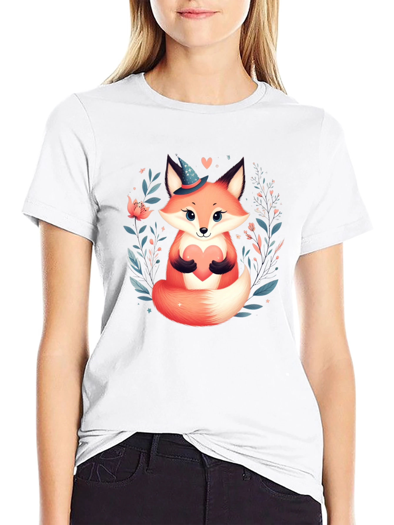 Cute Fox Heart Graphic Tee - Black