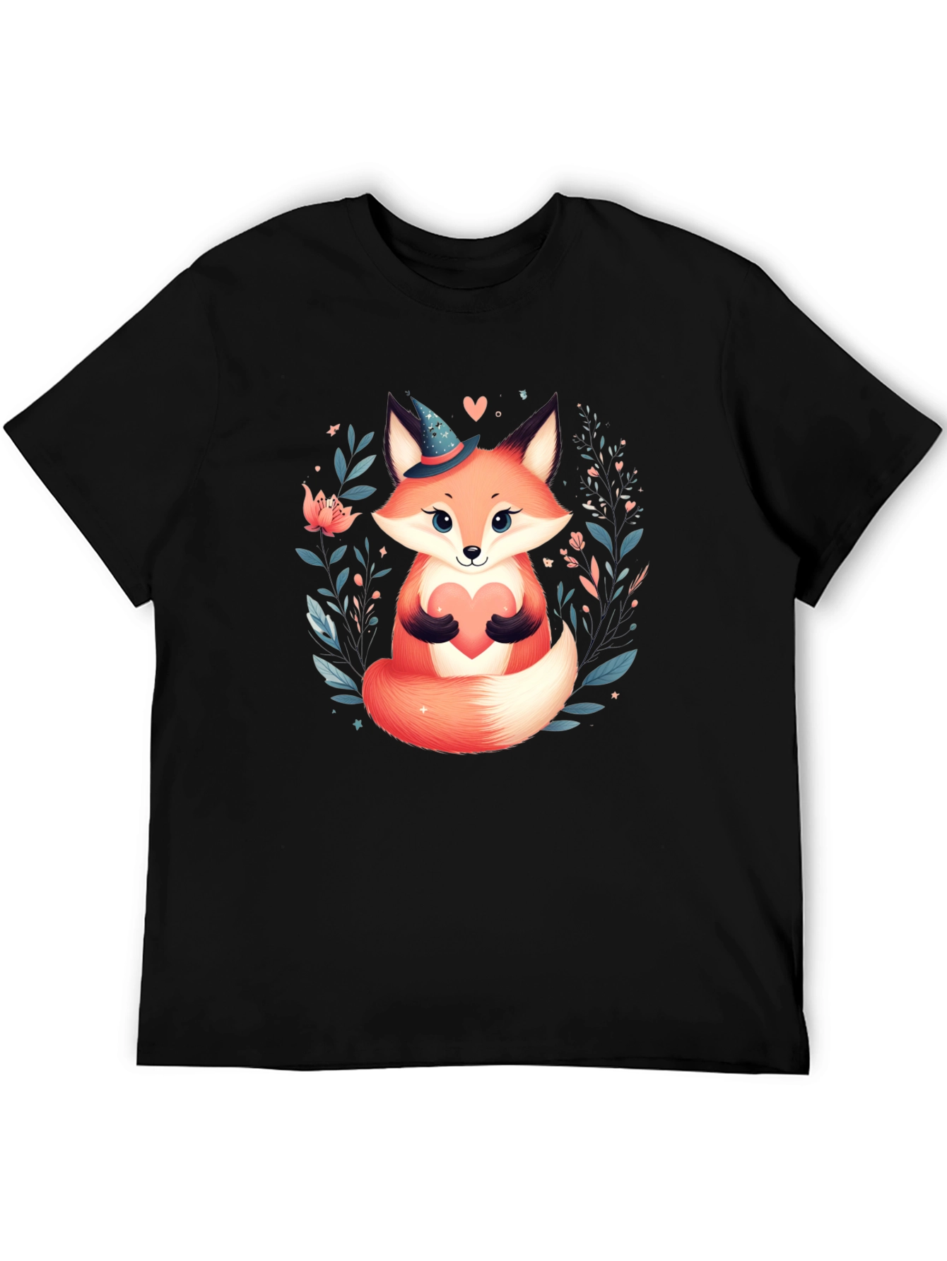 Cute Fox Heart Graphic Tee - Black