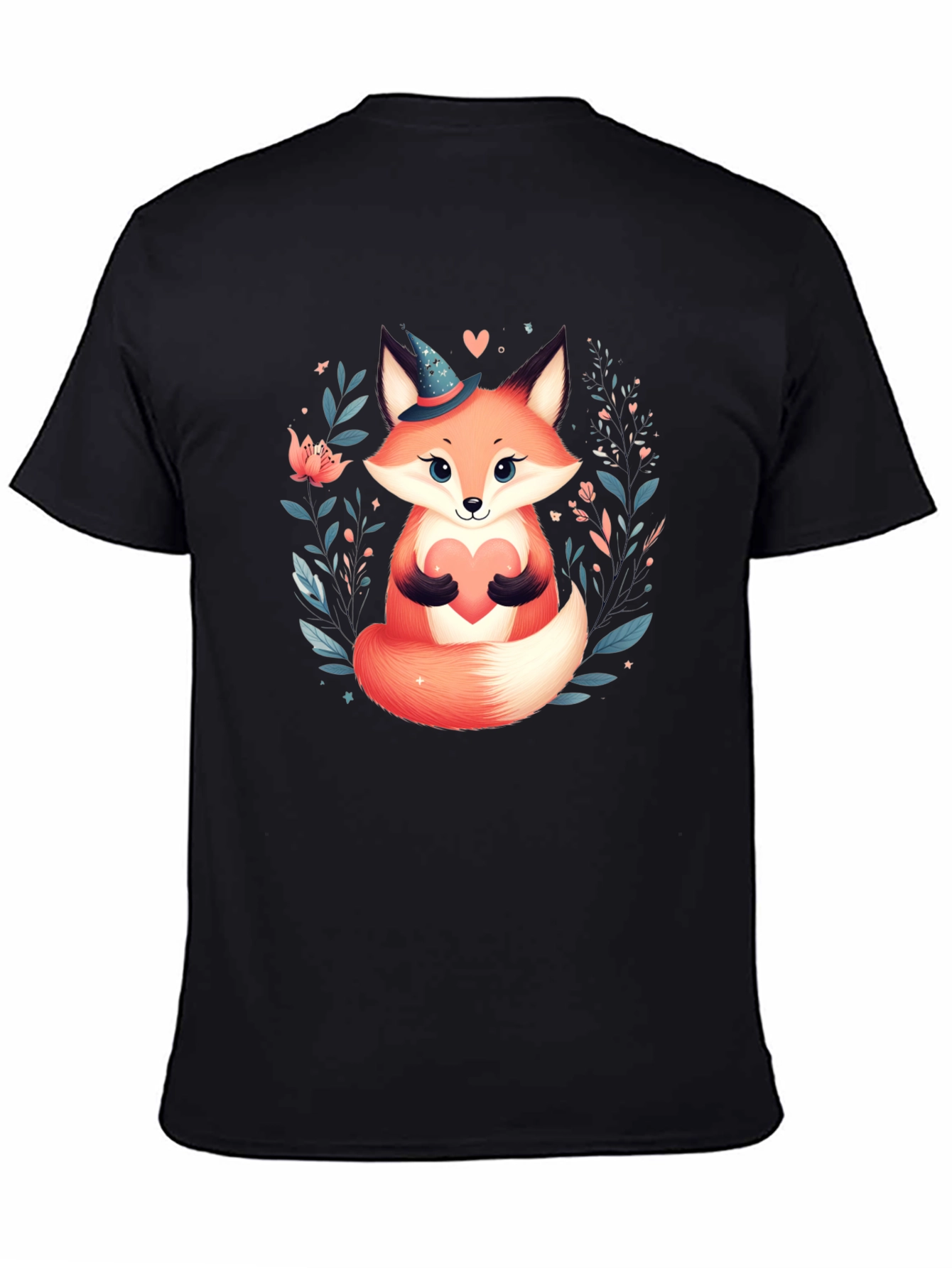 Cute Fox Heart Graphic Tee - Black