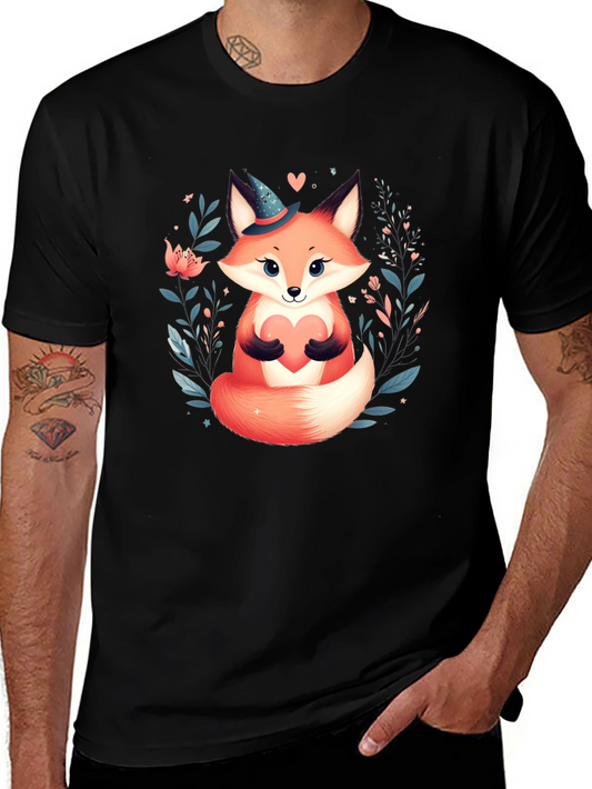 Cute Fox Heart Graphic Tee - Black