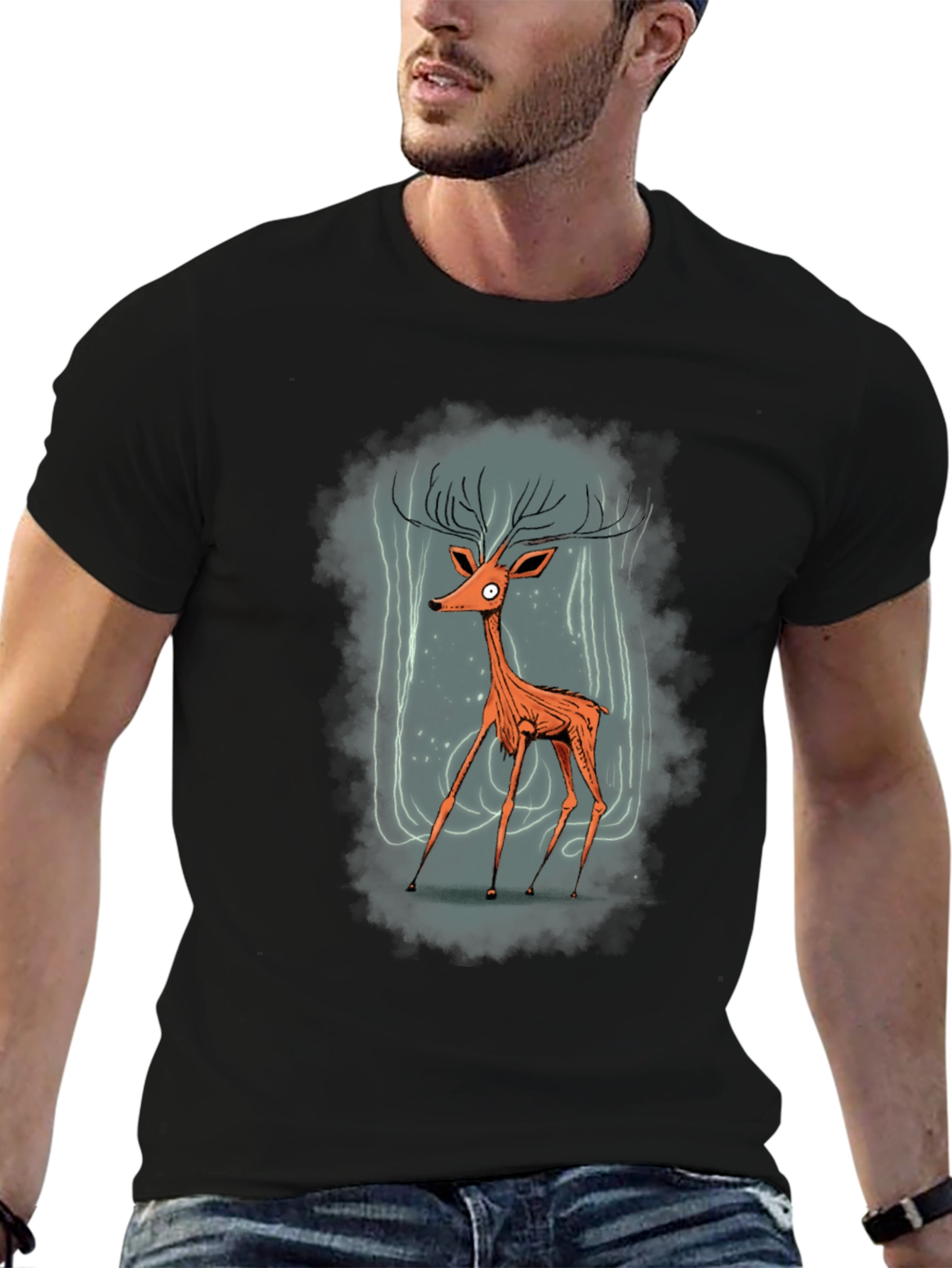 Stylized Deer Graphic T-Shirt - Mens Black Tee