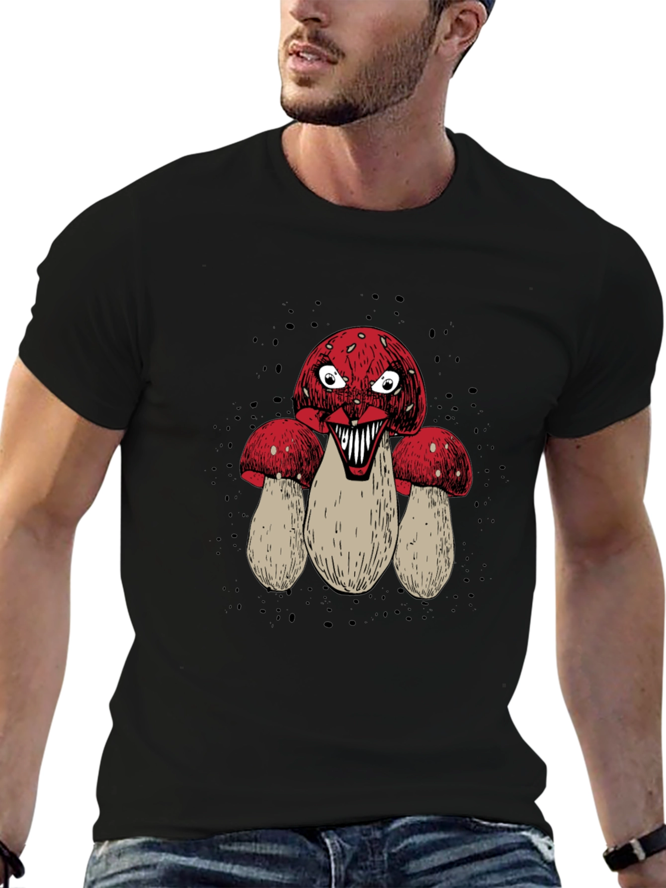 Creepy Mushroom Graphic Tee - Mens Black T-Shirt
