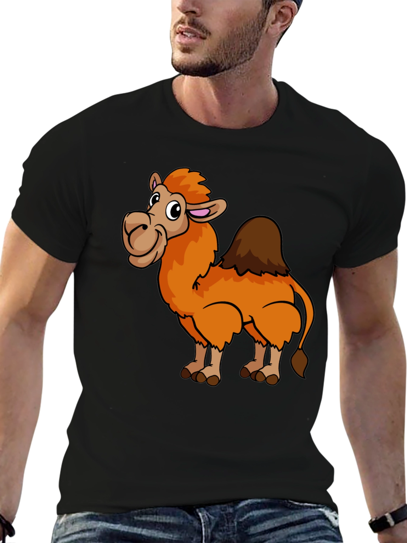 Cartoon Camel Graphic Print Black T-Shirt