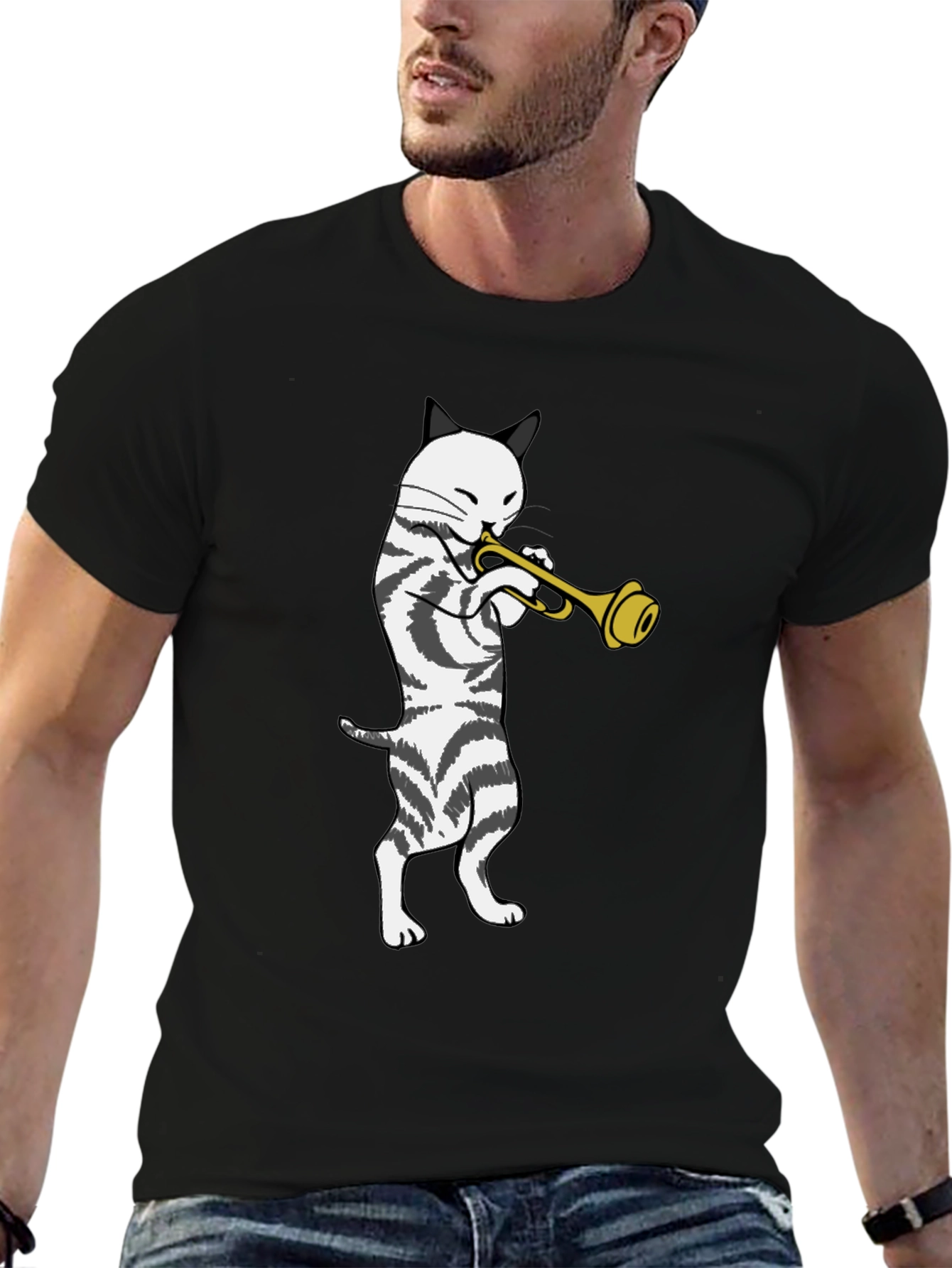 Cool Cat Trumpet Player Black T-Shirt