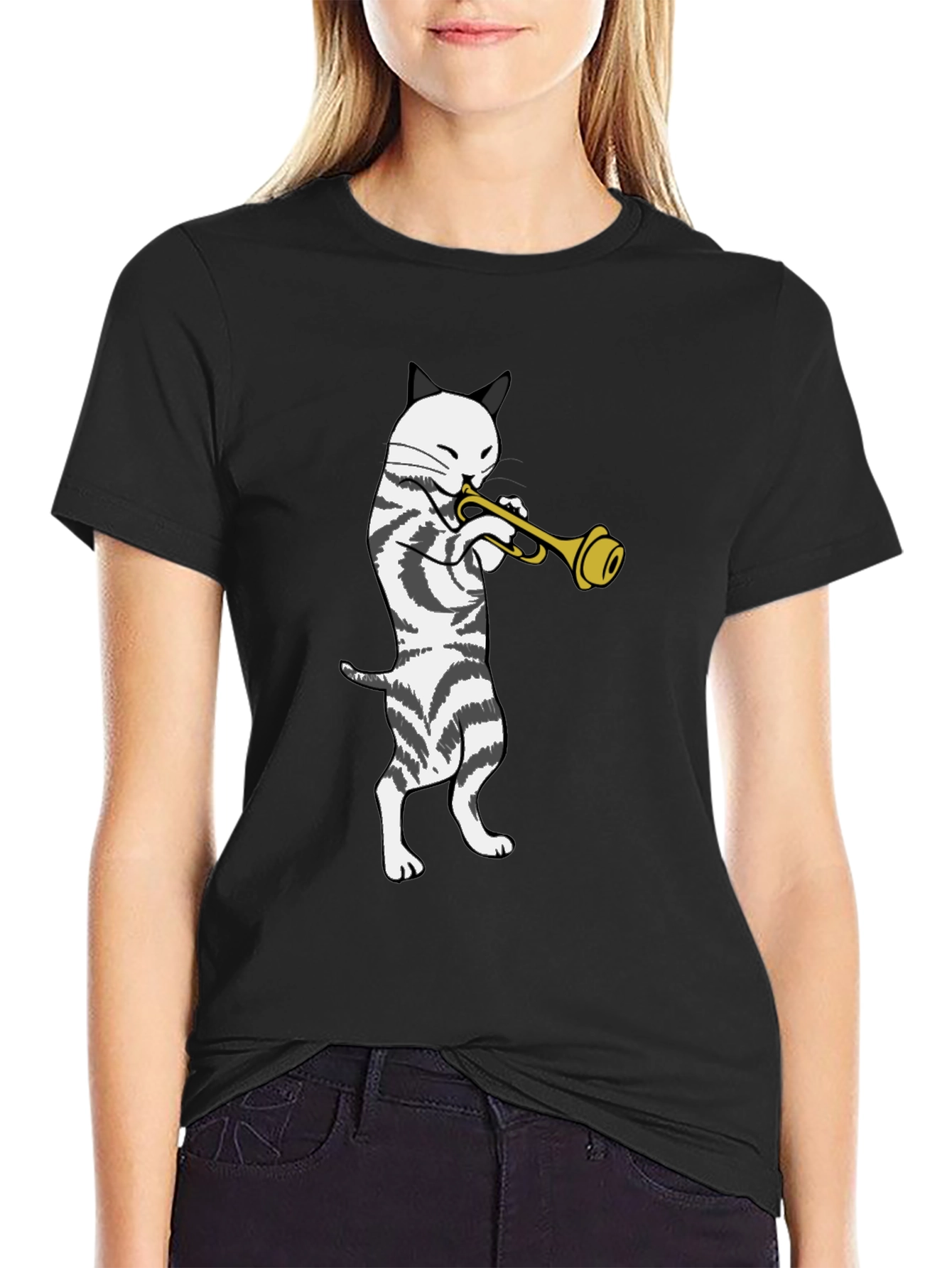 Cool Cat Trumpet Player Black T-Shirt