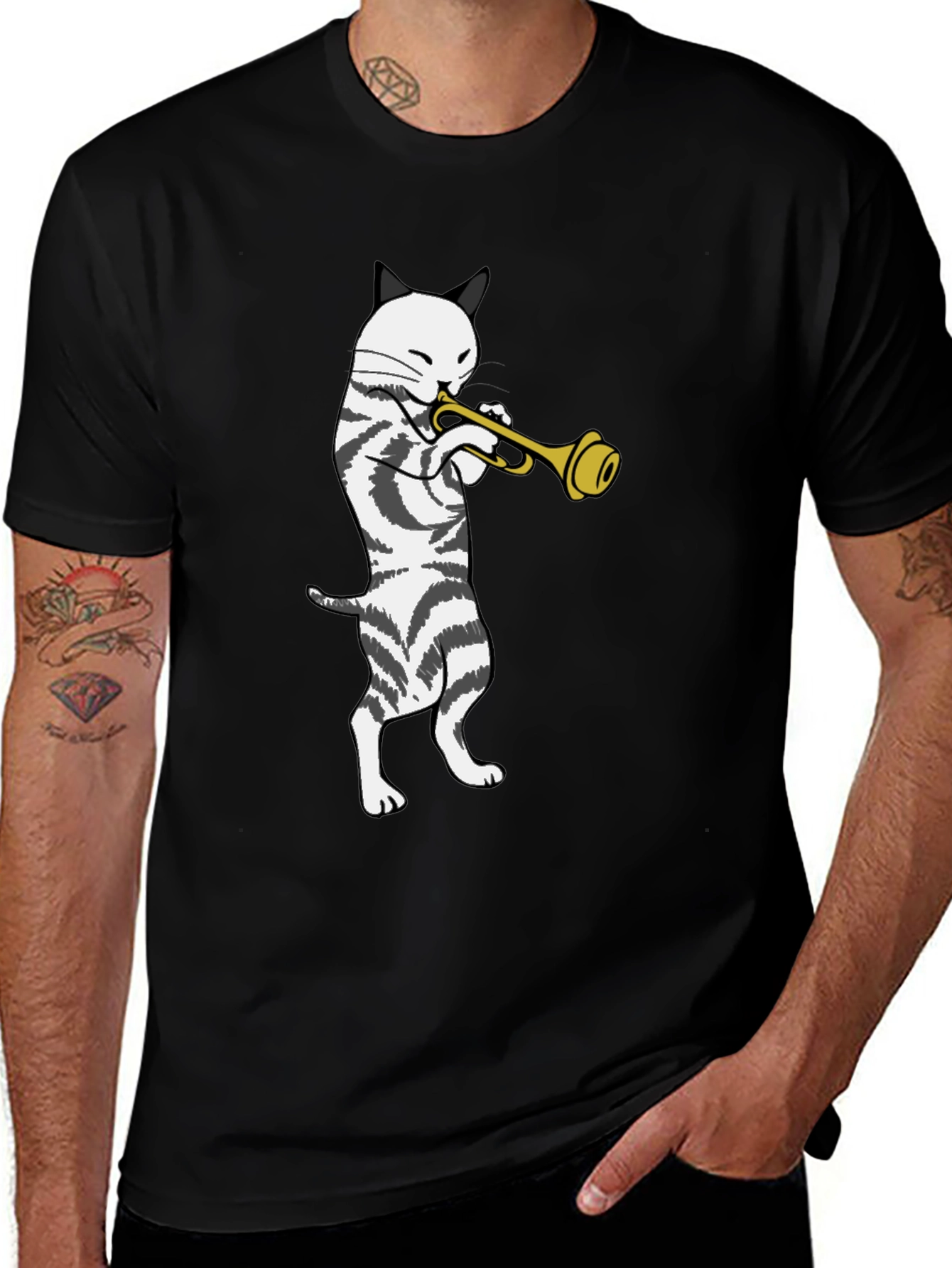 Cool Cat Trumpet Player Black T-Shirt