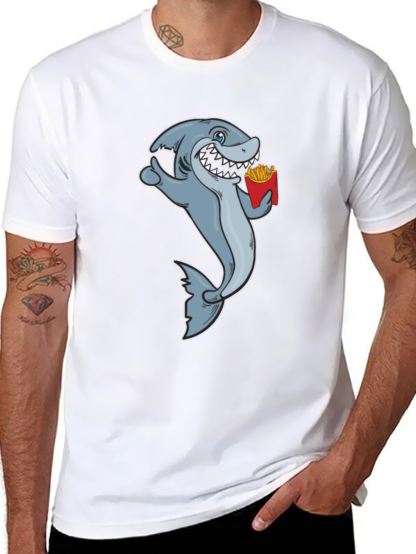 Shark Eating Fries Graphic Tee - Black Cotton T-Shirt