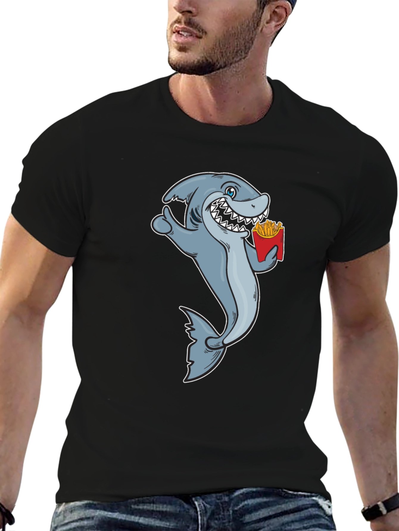Shark Eating Fries Graphic Tee - Black Cotton T-Shirt